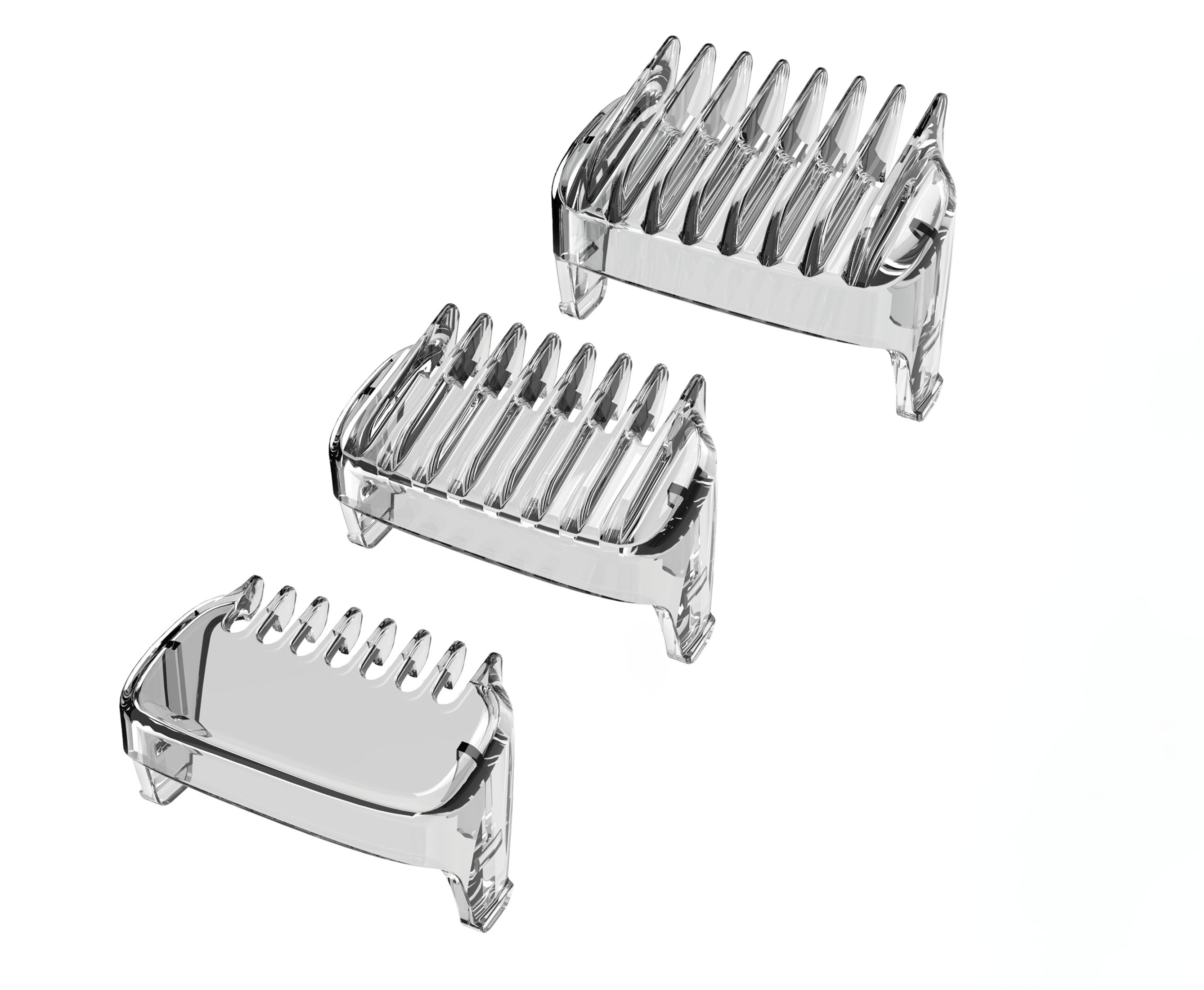 Trzy przezroczyste plastikowe grzebienie prowadzące do trymera do brody w różnych rozmiarach, na białym tle.