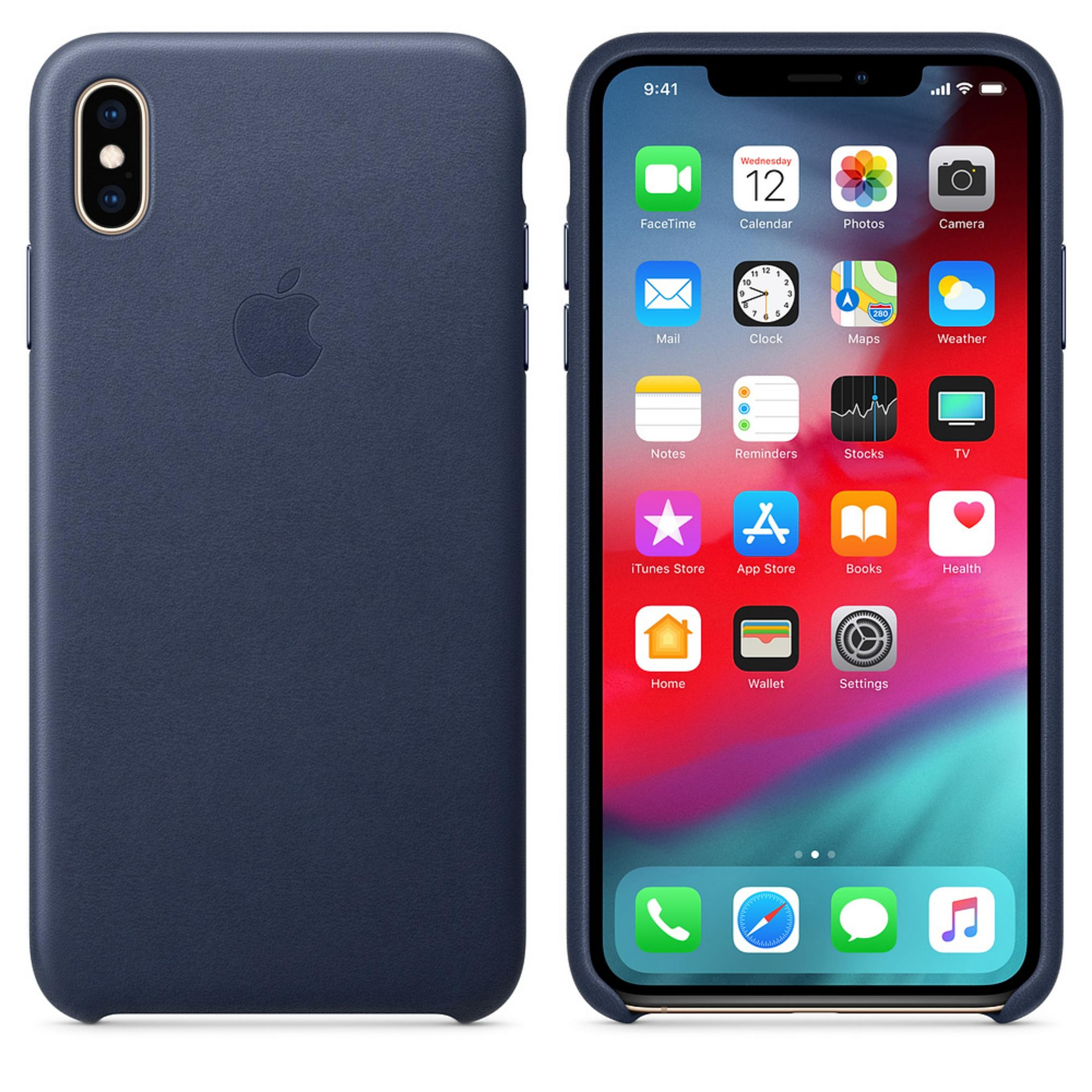 A dark blue iPhone case and the phone with apps on the display.