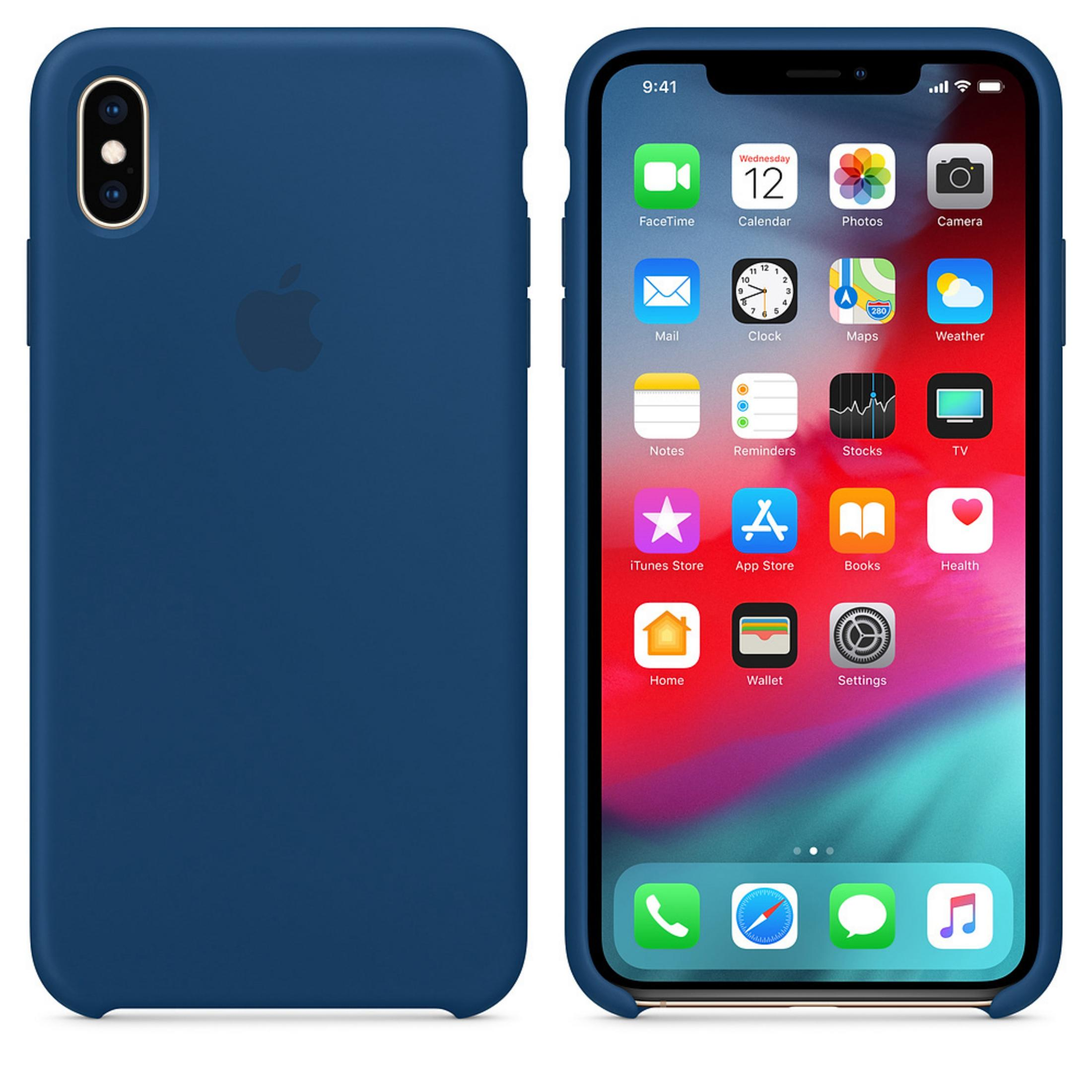 iPhone X bleu avec étui bleu, montrant l'écran avec icônes.
