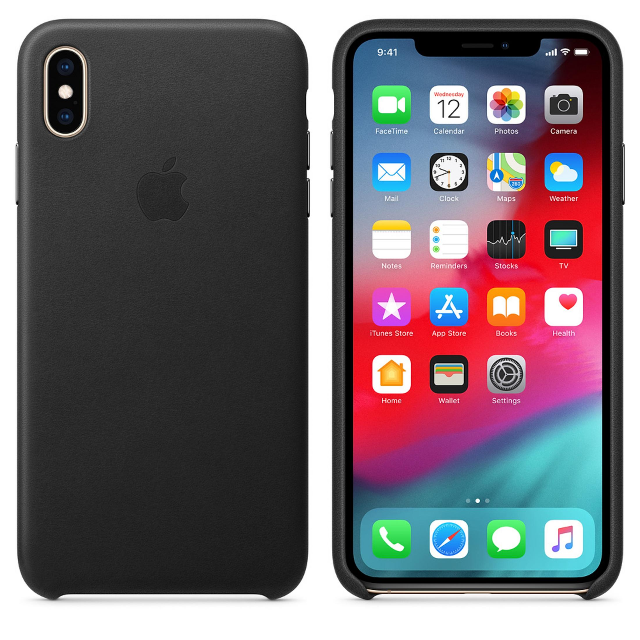 Two images: a black phone case and a phone with a screen displaying icons.