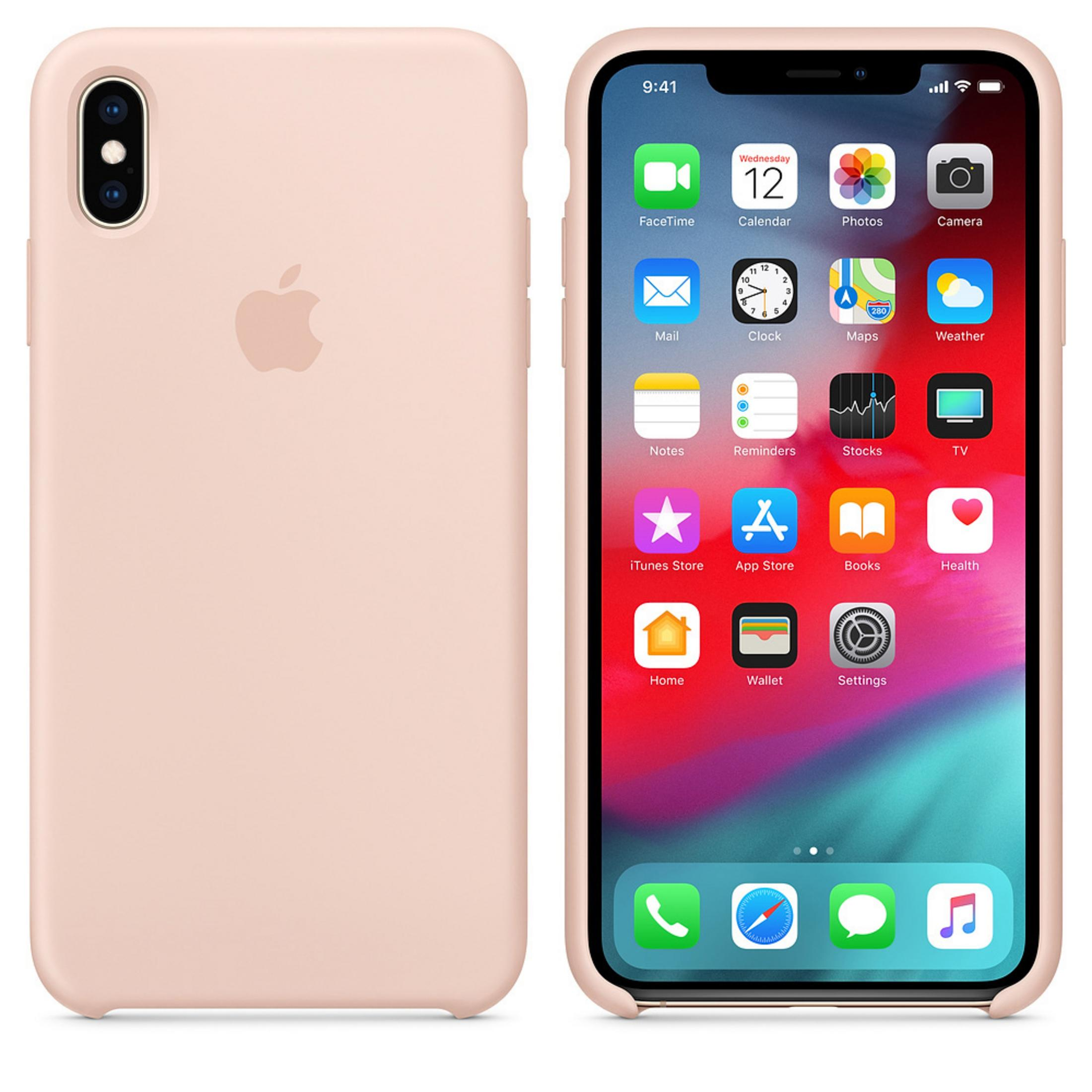 Roze telefoon en roze hoesje. iPhone-scherm zichtbaar met pictogrammen.
