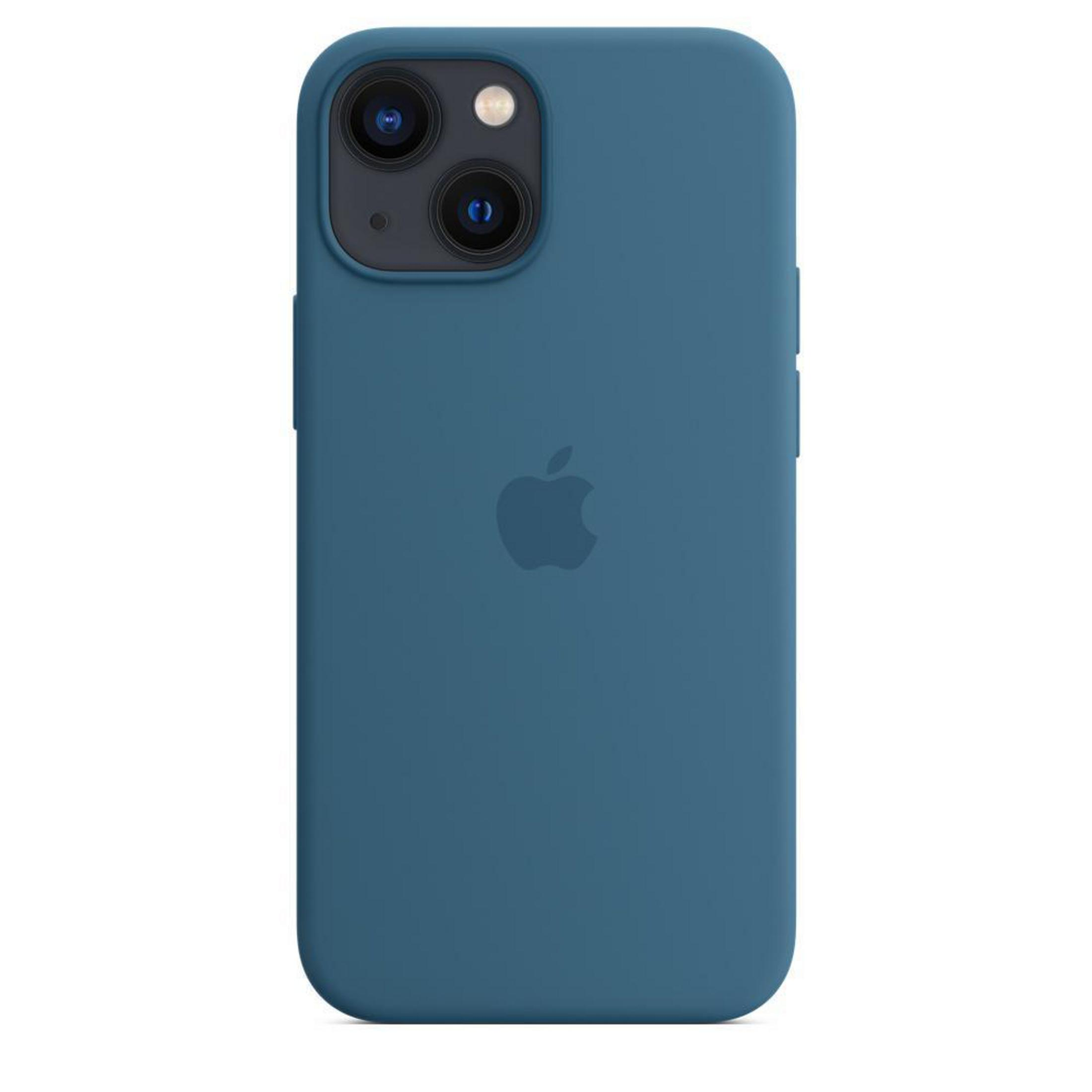 Een blauwe iPhone-hoes met Apple-logo. De camerabult is zichtbaar.