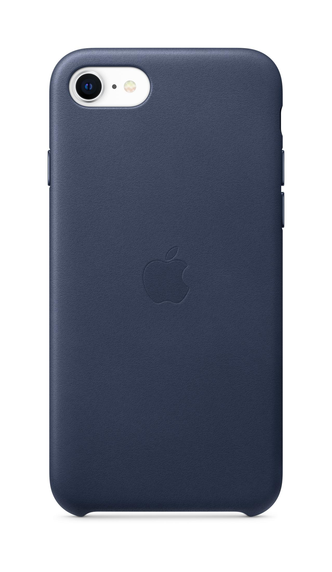 A navy blue leather iPhone case with an Apple logo, isolated on white.