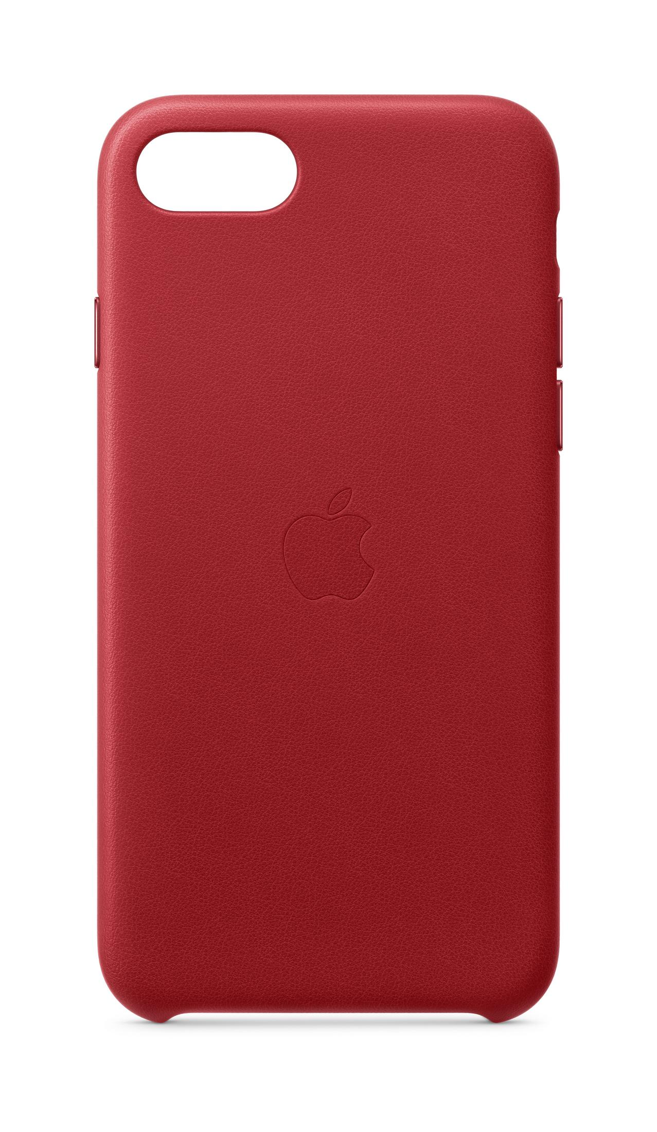 A red iPhone case with the Apple logo embossed on the back, on a white background.