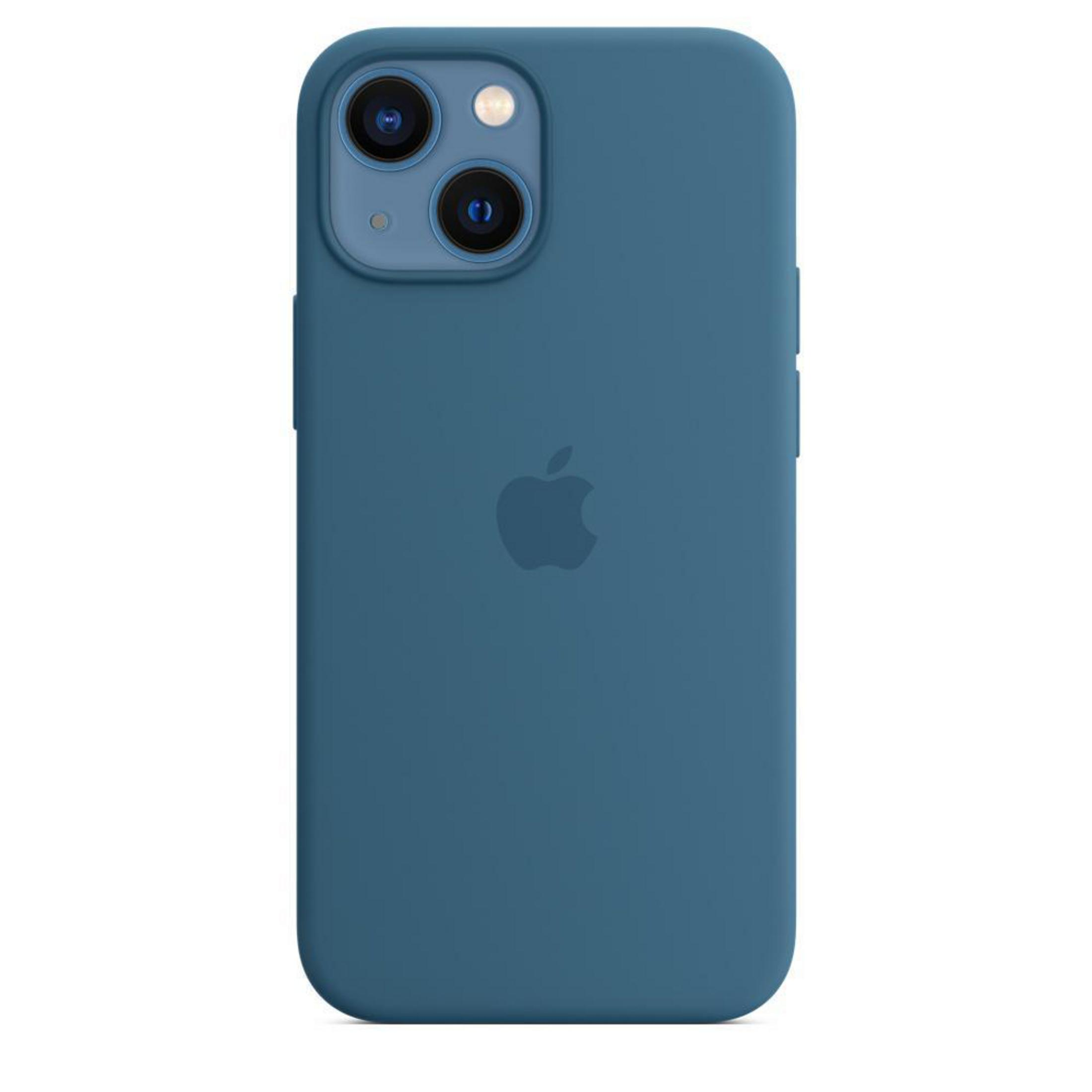 Blauwe telefoonhoes met camera en het Apple-logo op een witte achtergrond.