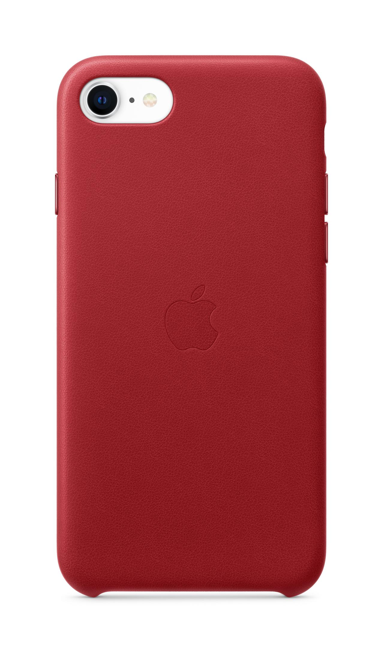 Red iPhone case with an Apple logo.