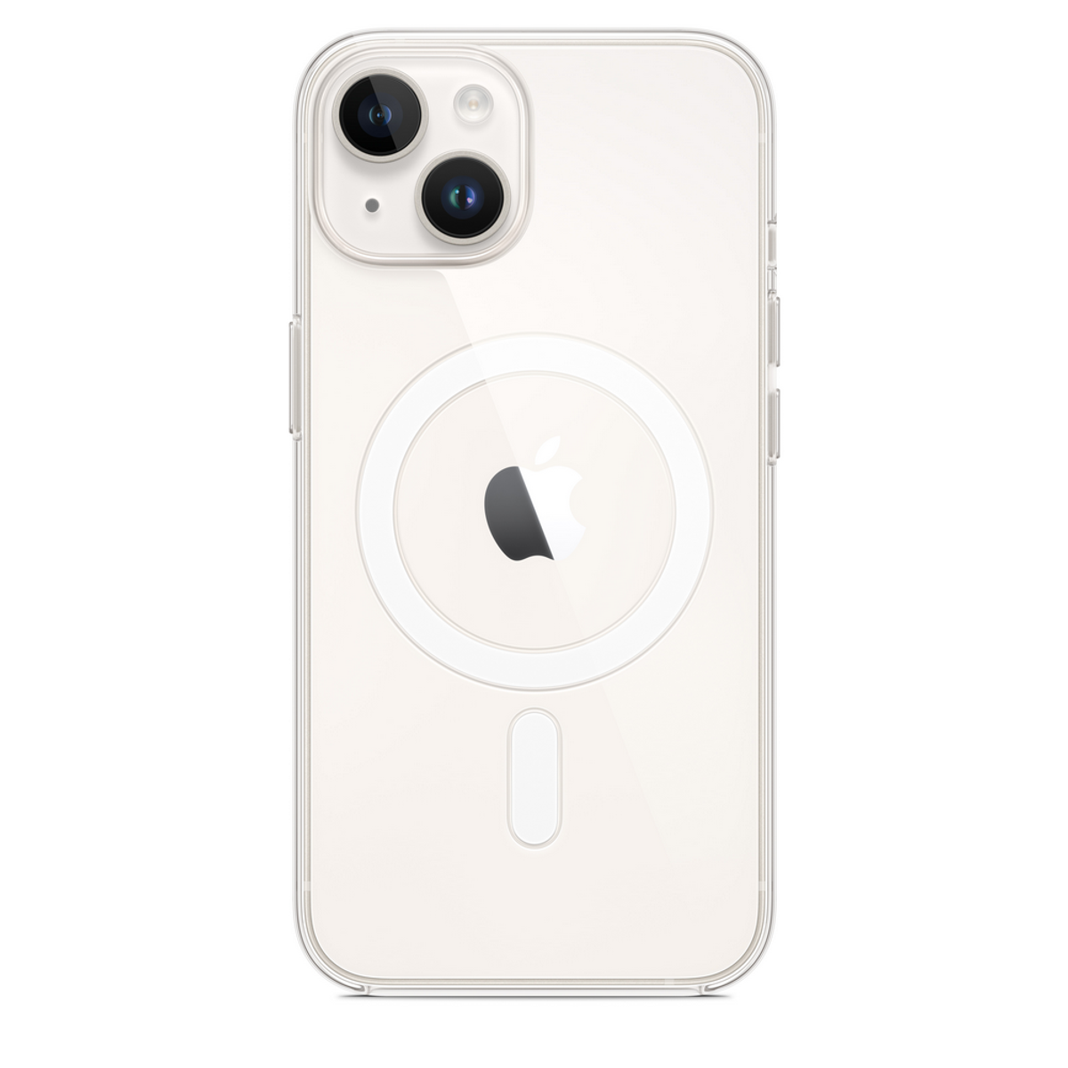 De achterkant van een doorzichtige iPhone-hoes met een witte MagSafe-cirkel en een dubbele camera-opstelling.