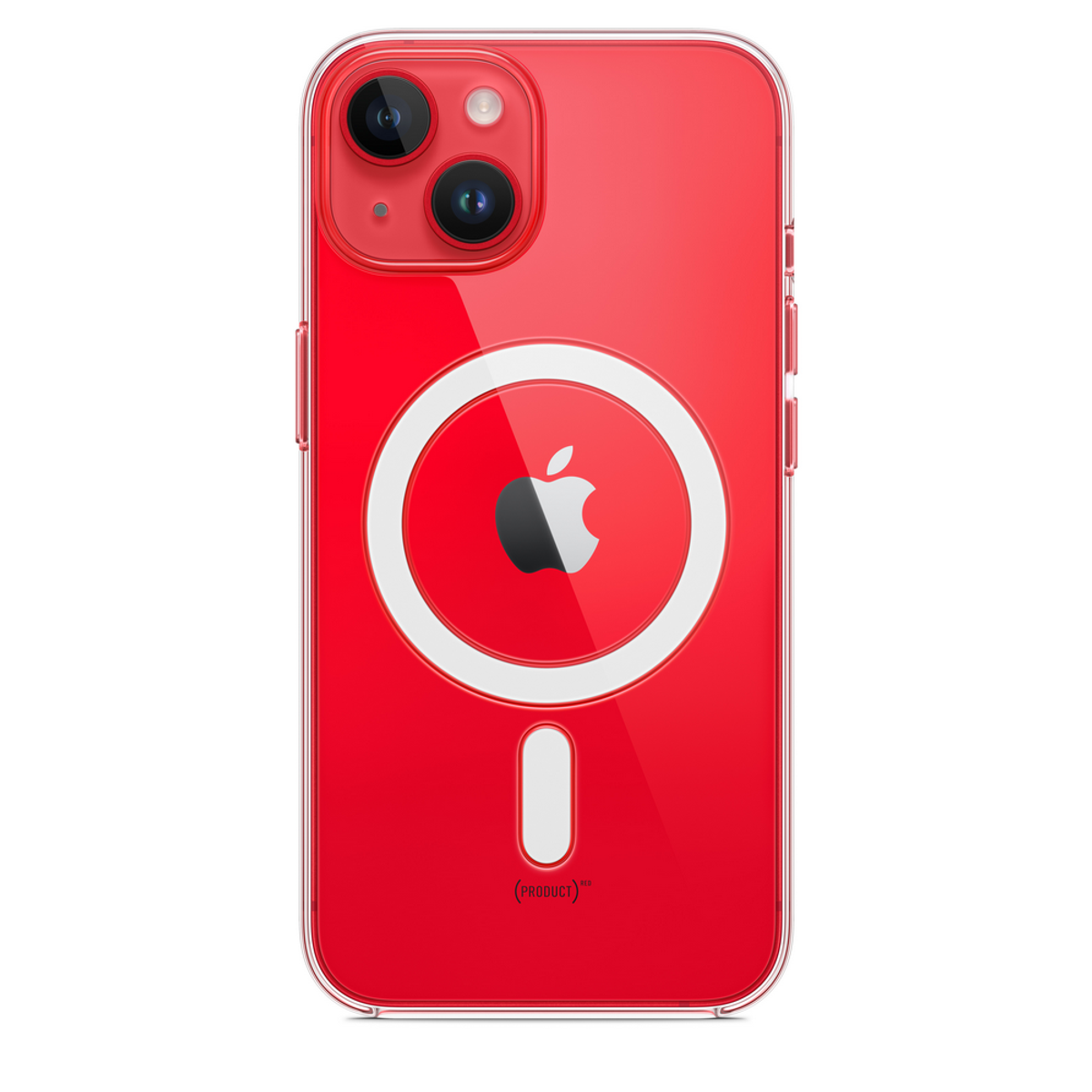 Een rode iPhone-hoes met een doorzichtige achterkant en het Apple-logo.