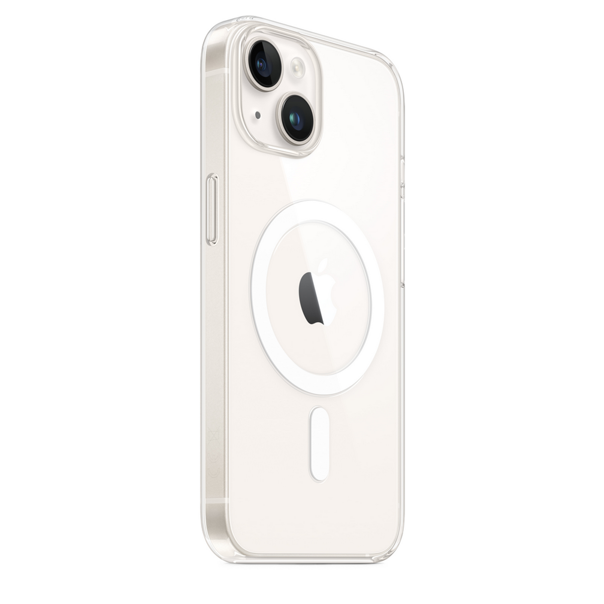 iPhone in een doorzichtige hoes met een MagSafe ring.
