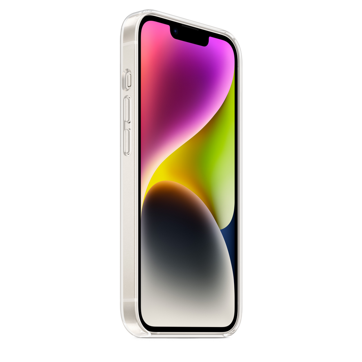 iPhone in een doorzichtige hoes, het scherm toont een kleurrijk abstract behang.
