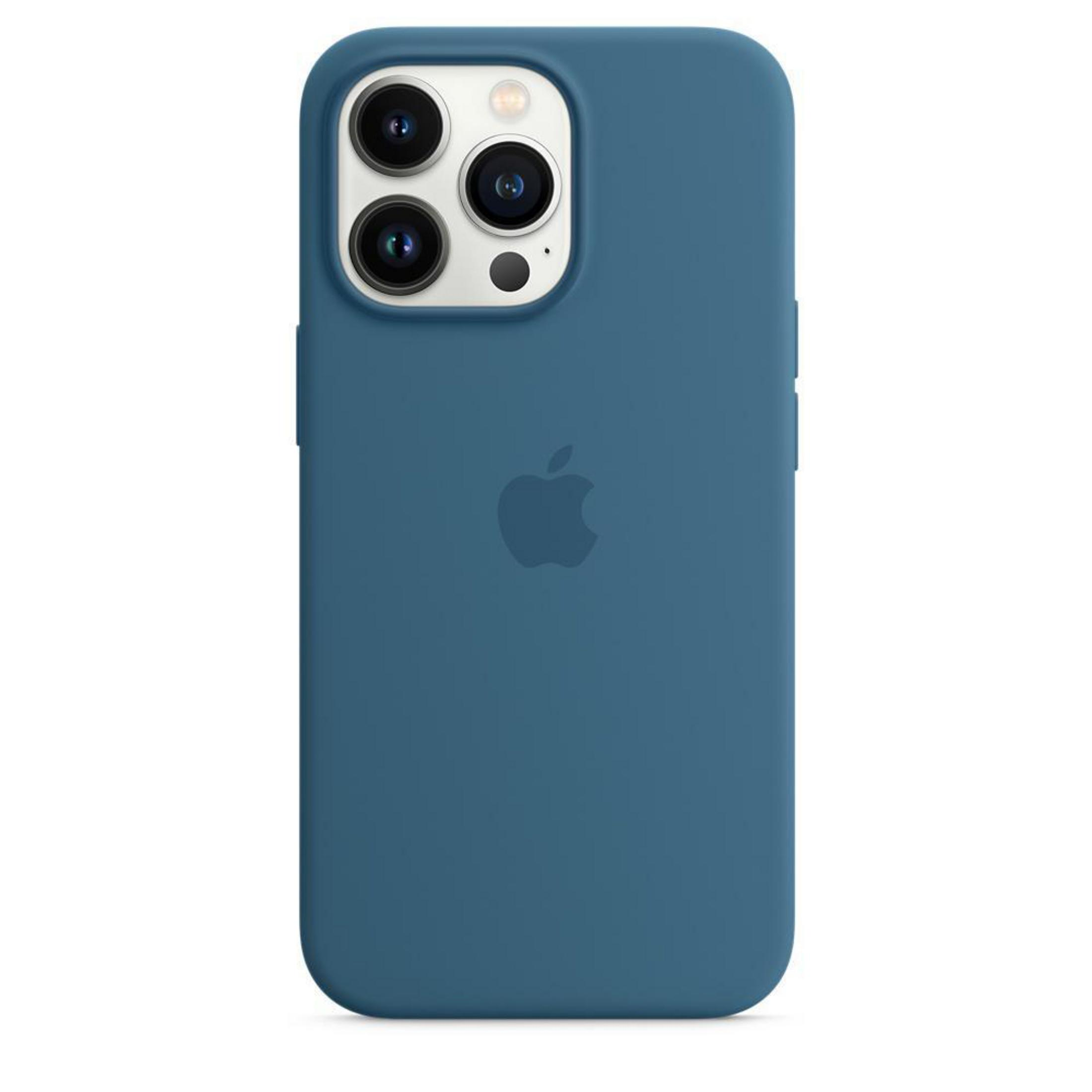 Custodia blu per telefono con tripla fotocamera e logo Apple sul retro.