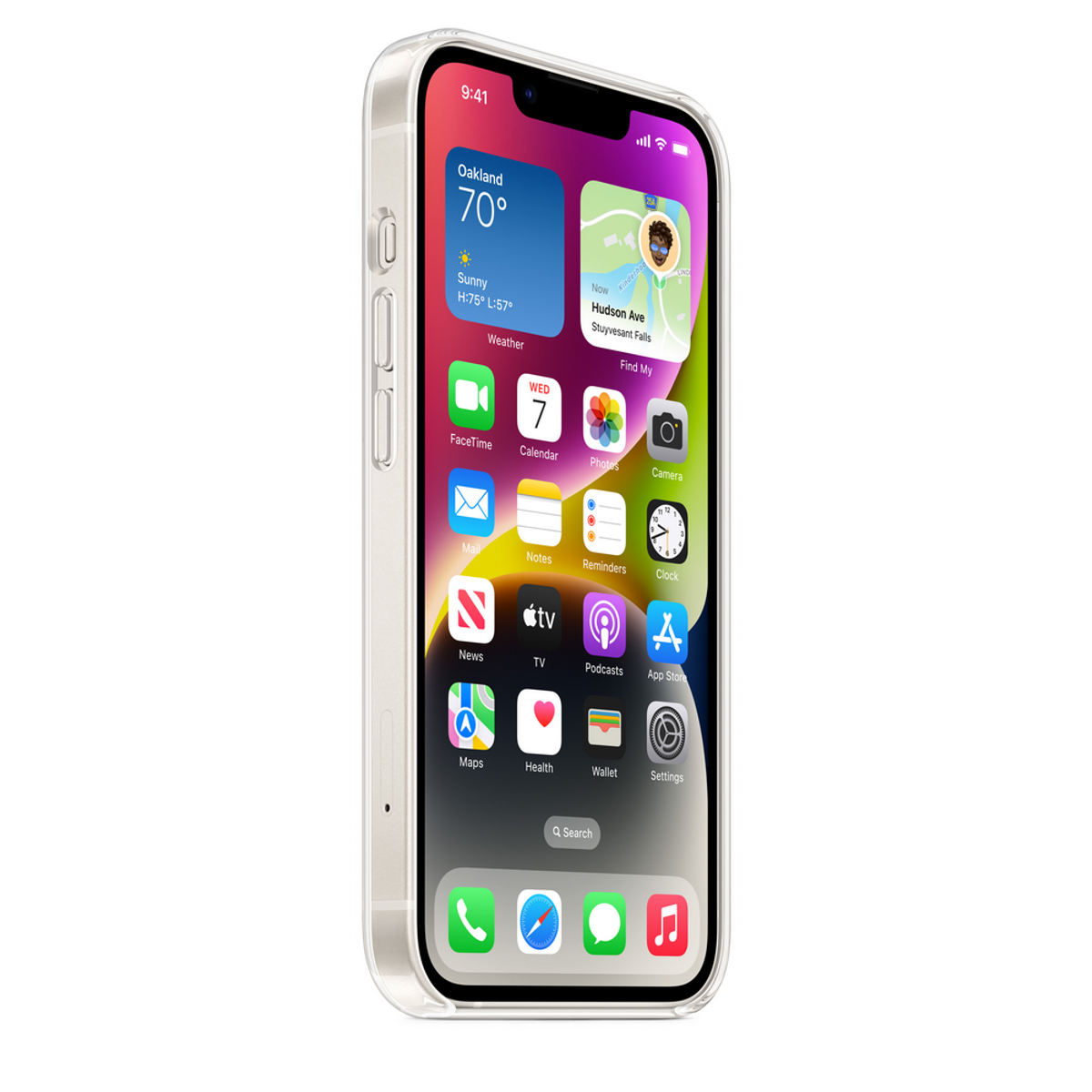 Een iPhone in een transparante hoes. Het scherm toont apps en een weerwidget.