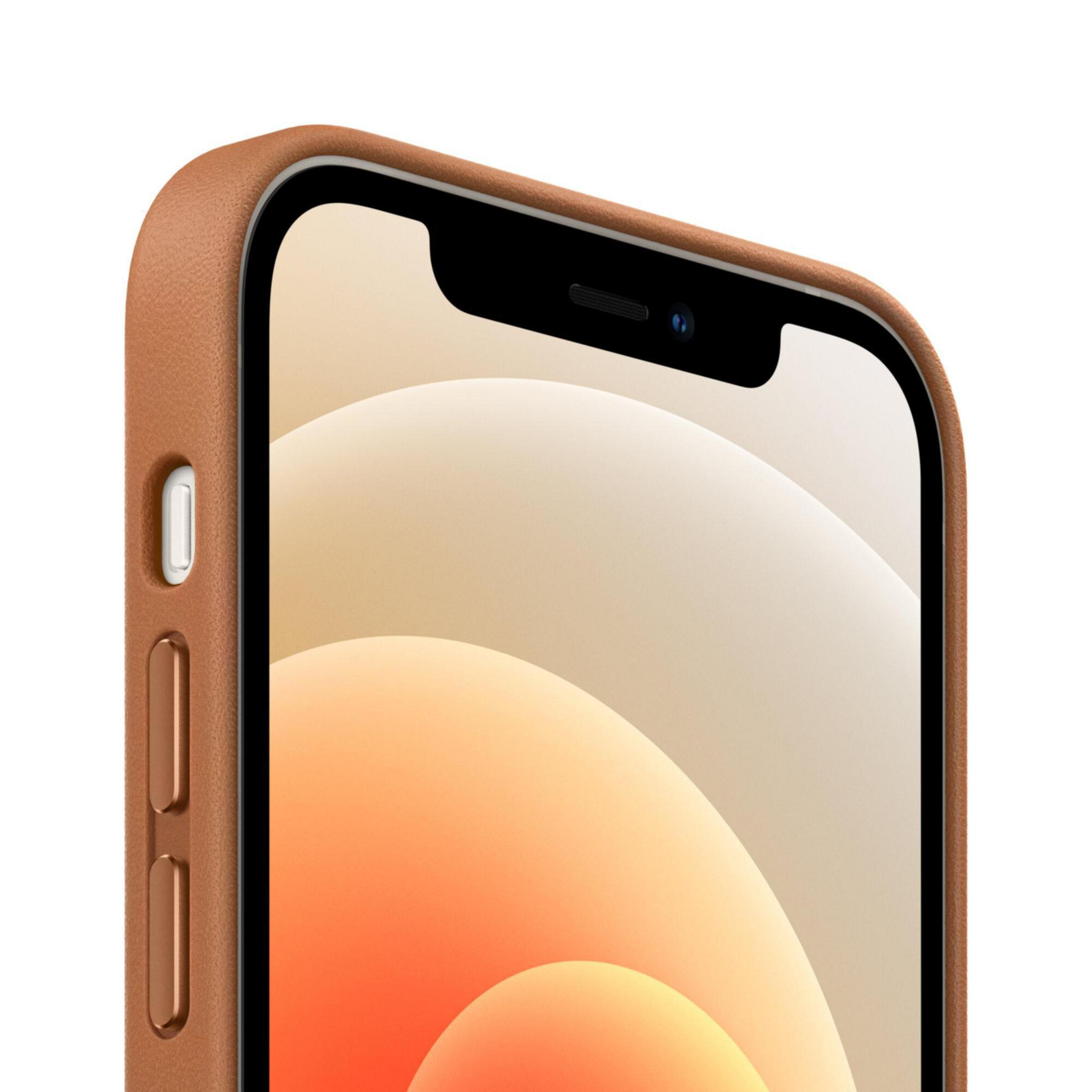 Zbliżenie iPhone'a 12 z brązowym skórzanym etui, pokazujące ekran i boczne przyciski.