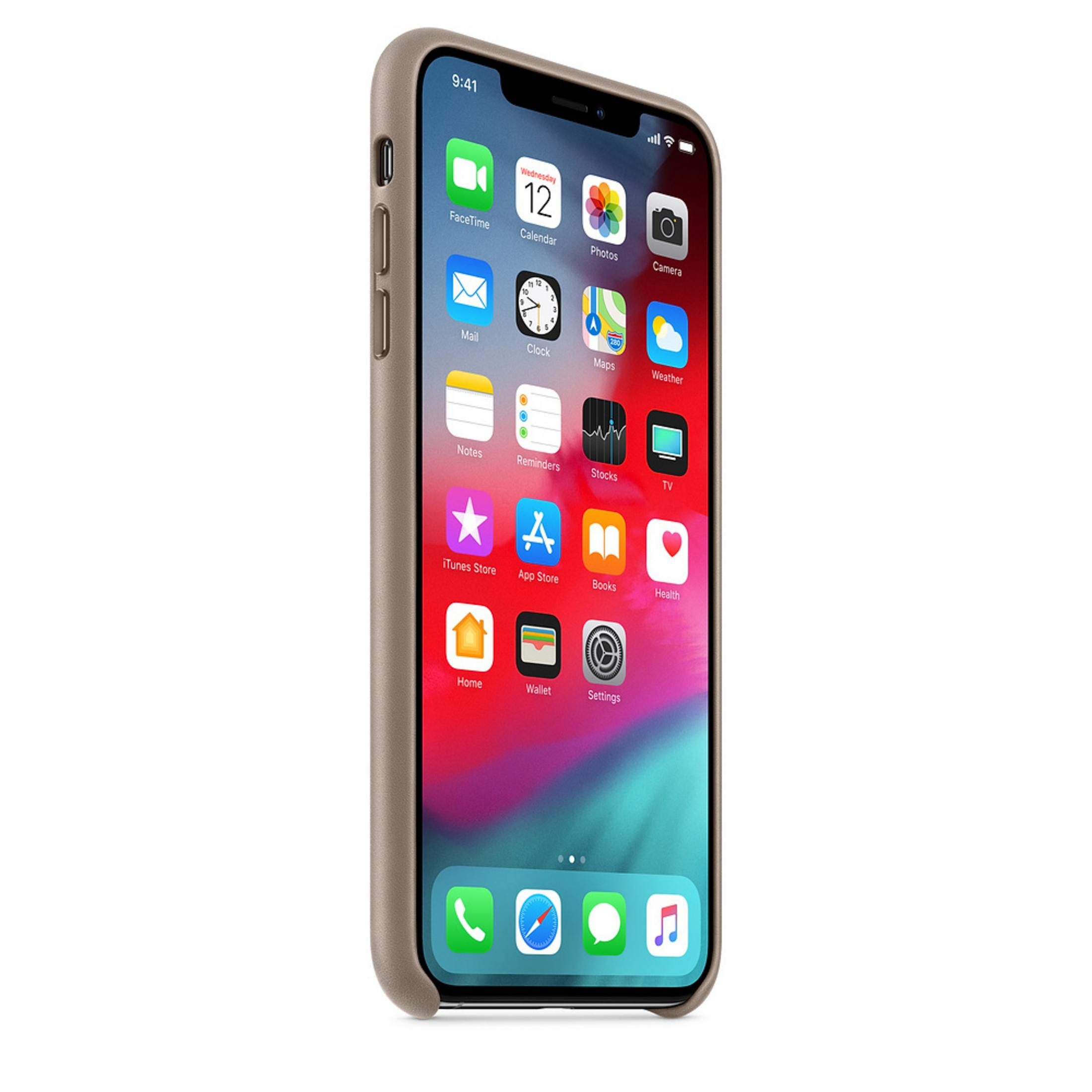 An iPhone in a brown case, showing the home screen with apps. The screen is on.