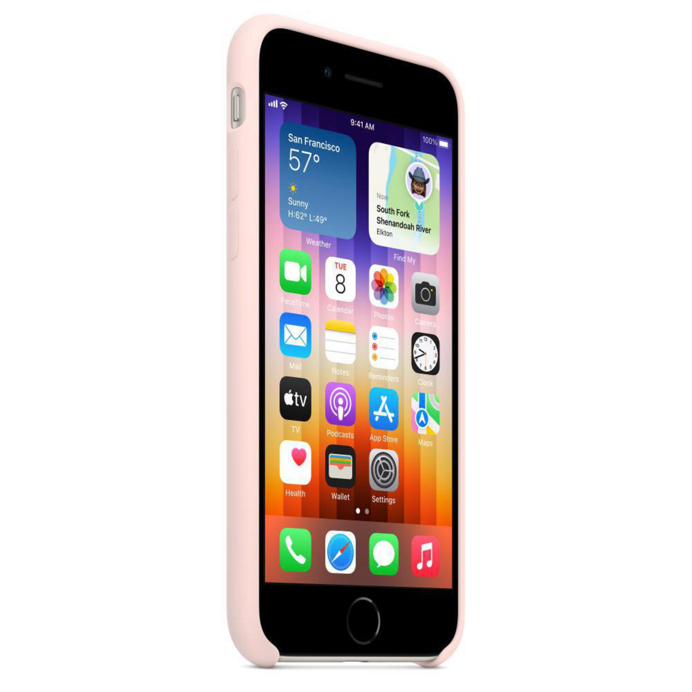 Pink iPhone with apps on the screen. Case is also pink.