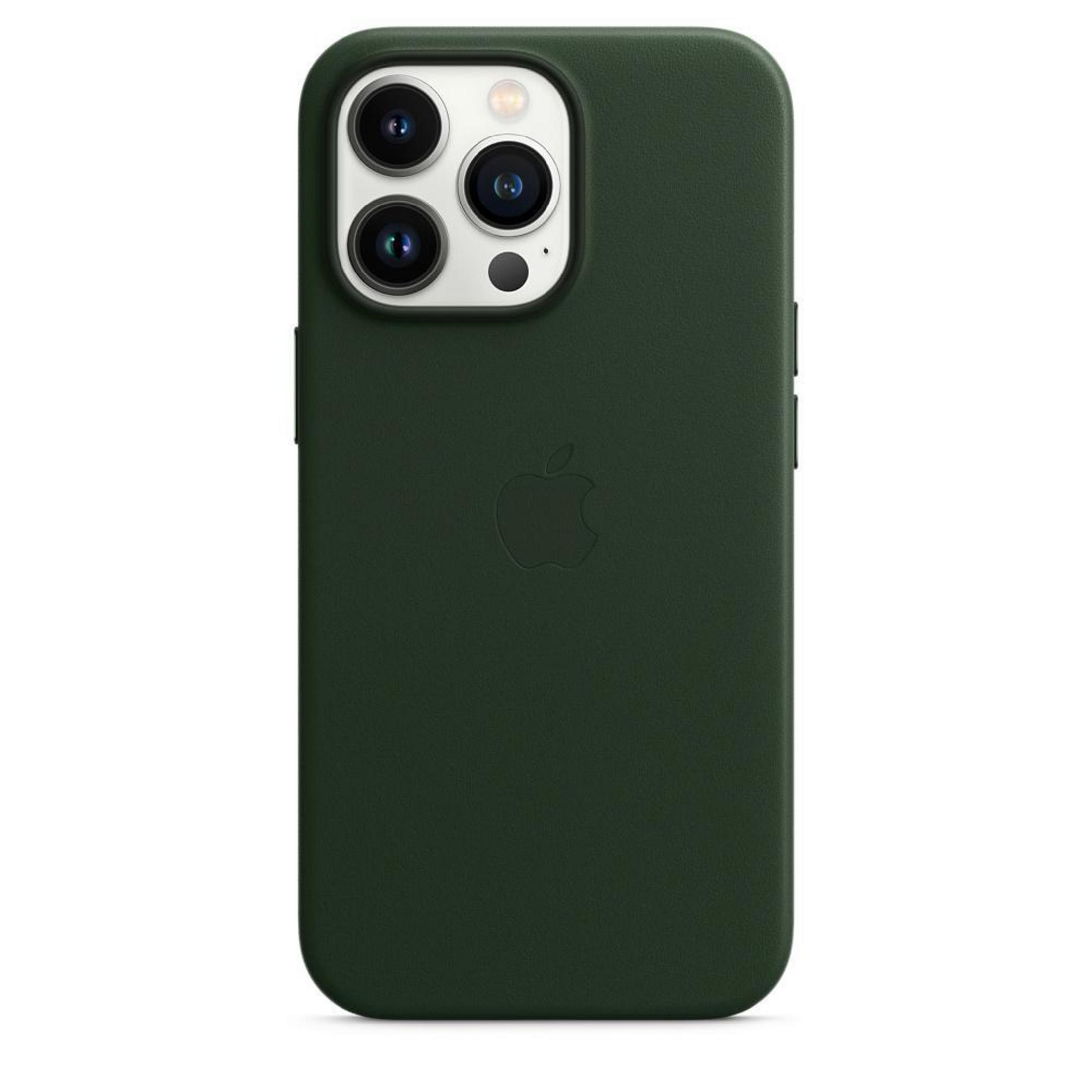 Dunkelgrüne iPhone-Hülle mit Apple-Logo. Es hat drei Kameralinsen und einen Blitz.