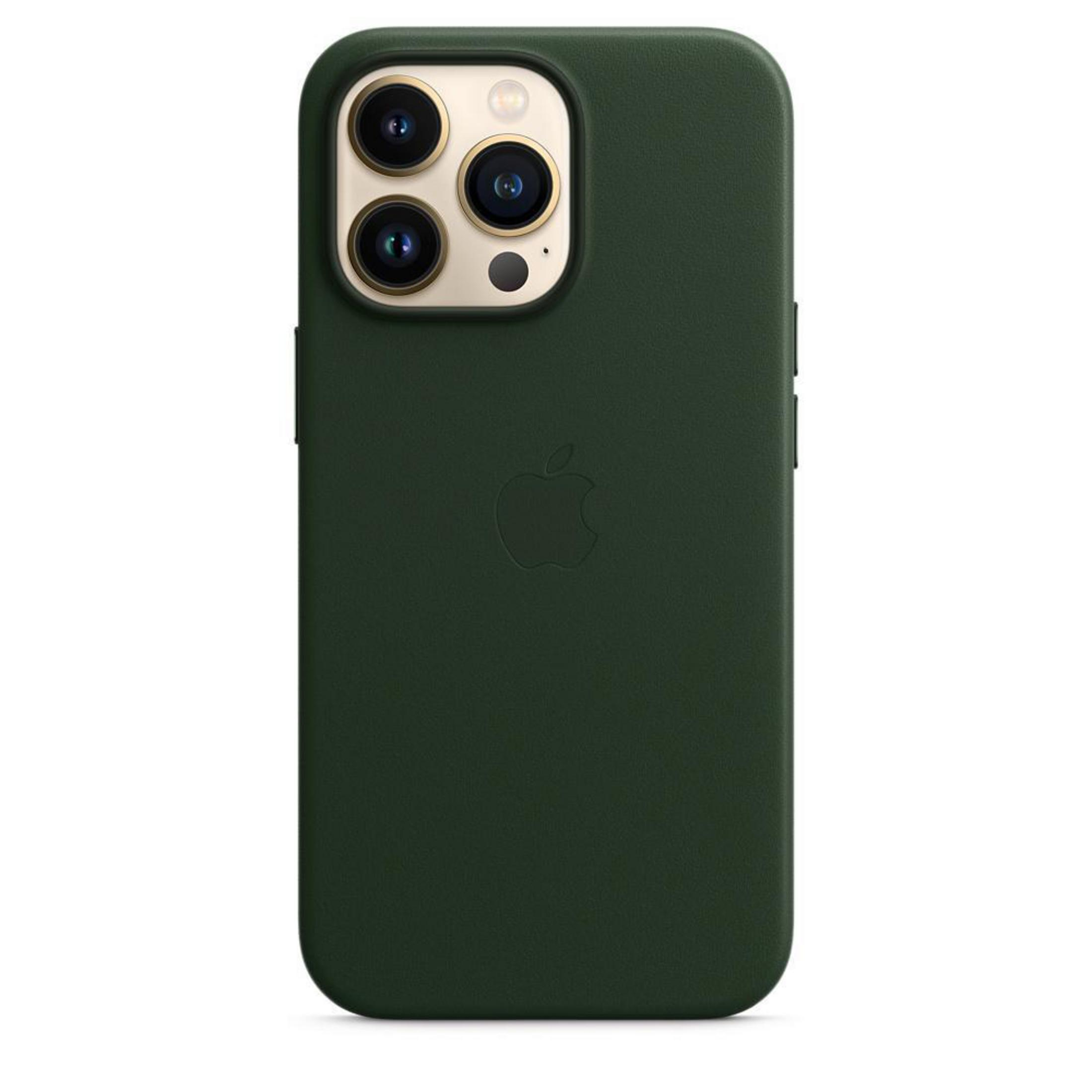 Dunkelgrüne iPhone-Hülle mit Kamera und Apple-Logo.