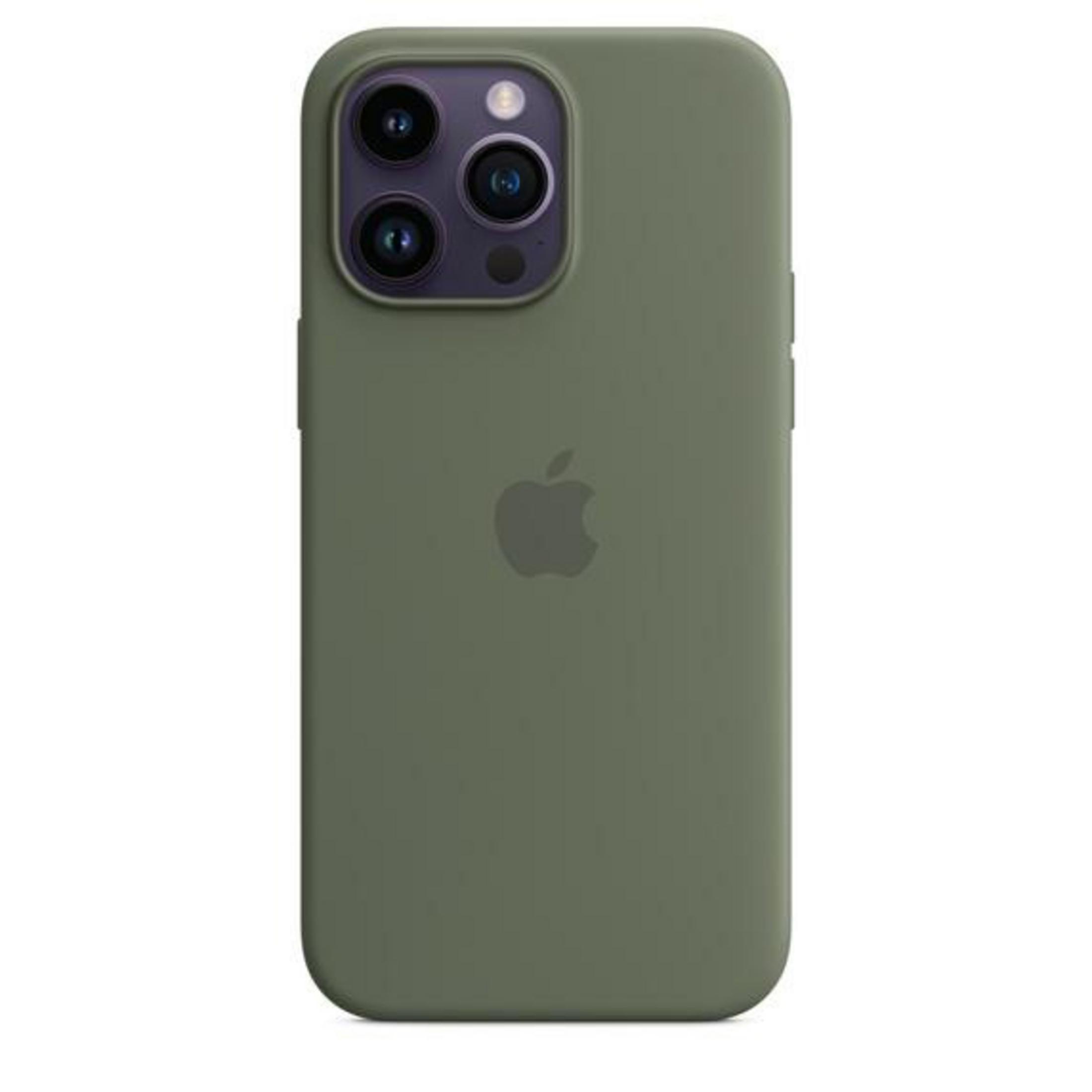 Olive green phone case with triple camera and Apple logo. Sleek design with rounded corners.