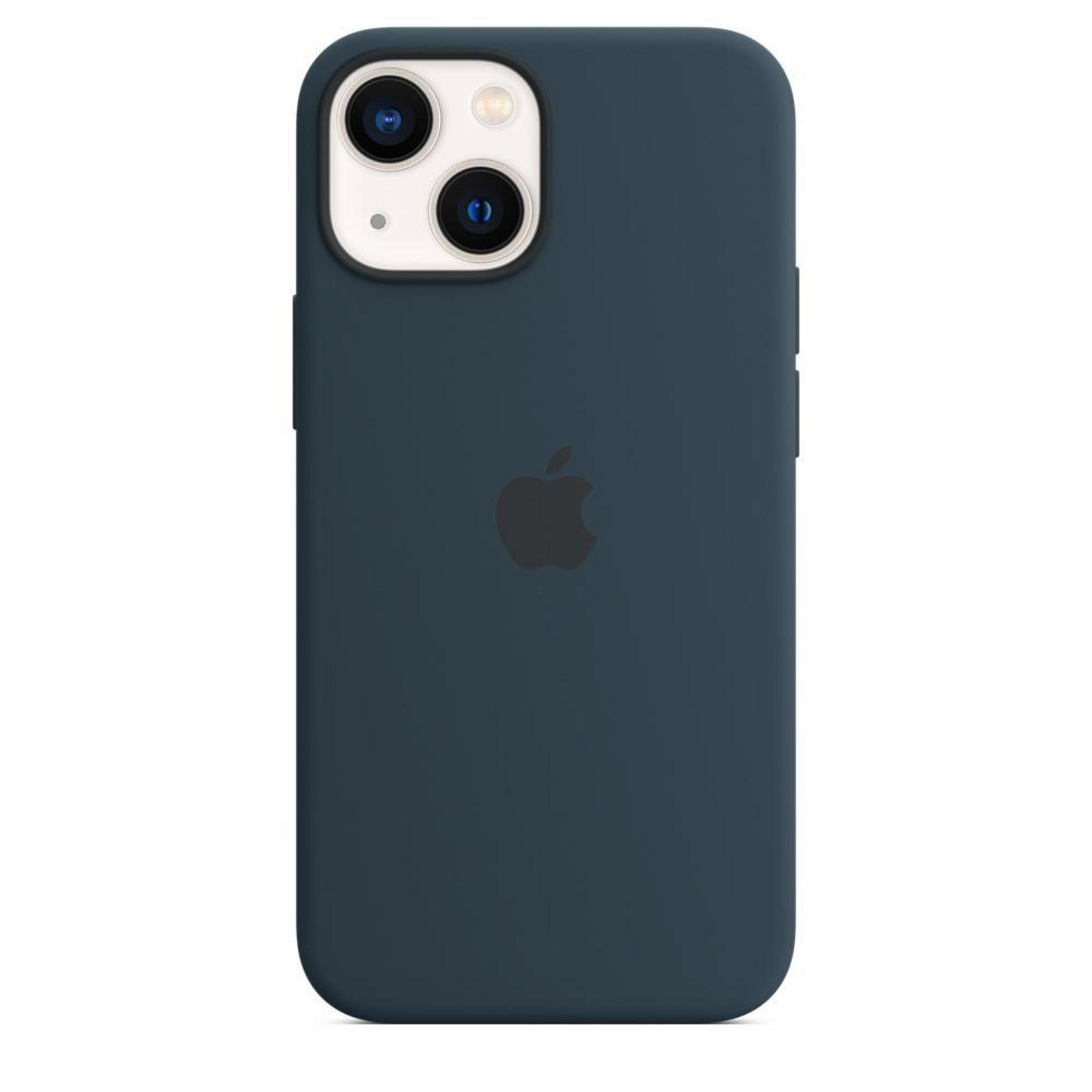 iPhone blu con fotocamera. Logo Apple visibile. Il telefono è in una custodia blu.