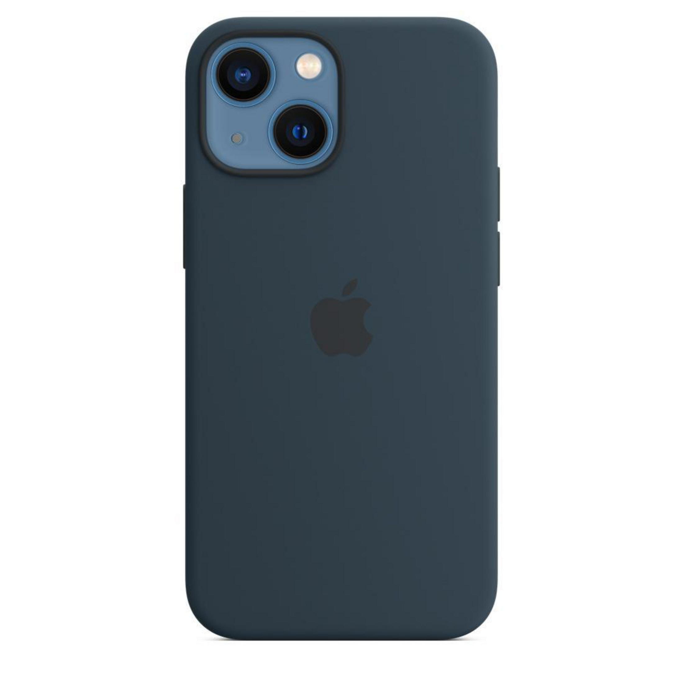 Custodia iPhone blu scuro con logo Apple. La custodia copre il telefono, mostrando la fotocamera.