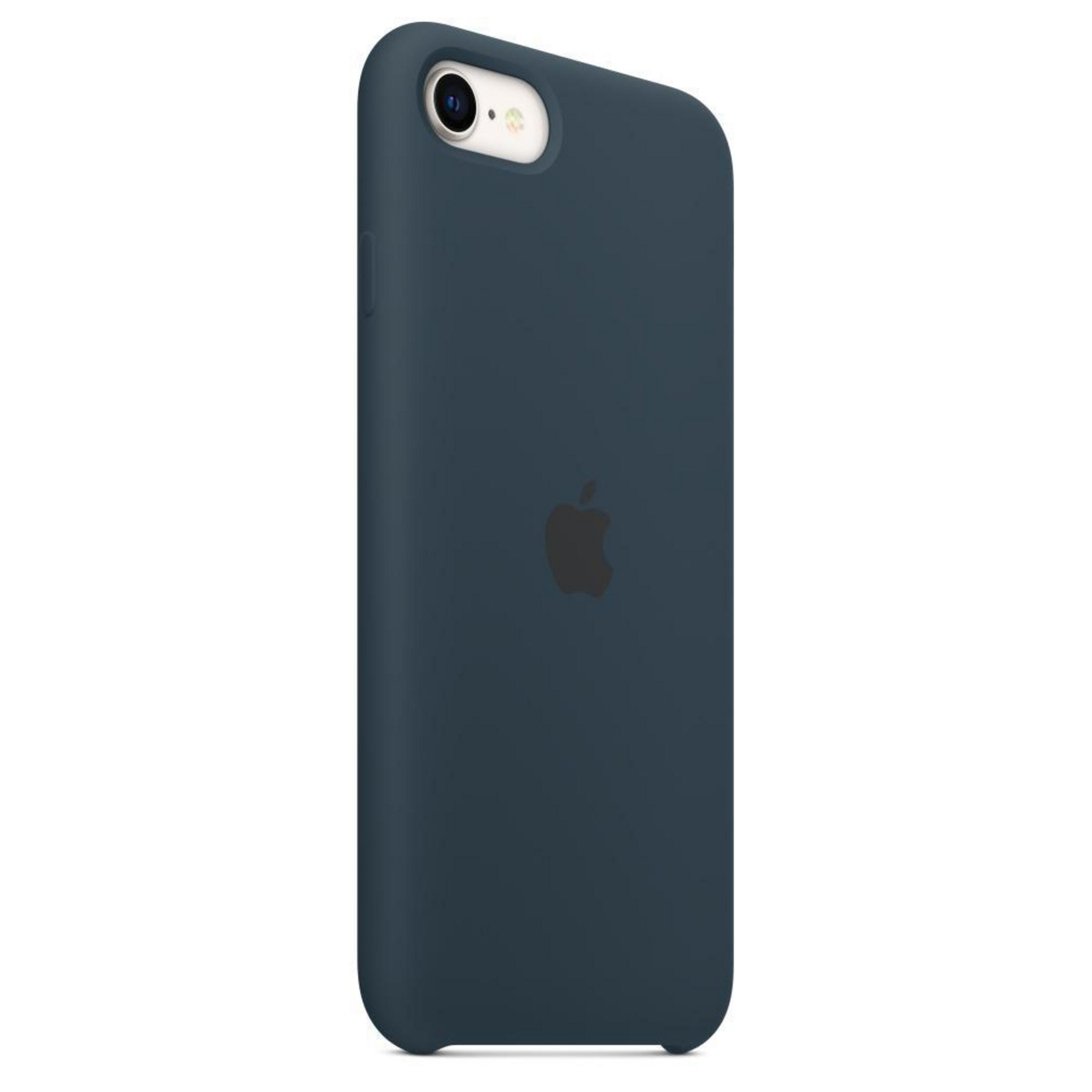 Dark blue iPhone with the Apple logo on the back.