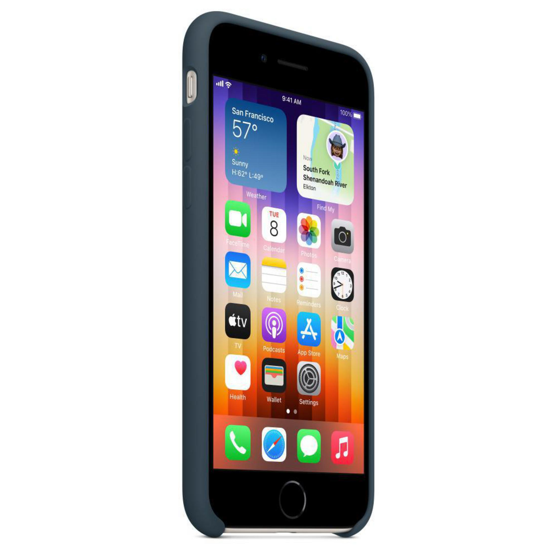 A blue phone in a case. The screen shows the weather, a map, and app icons.