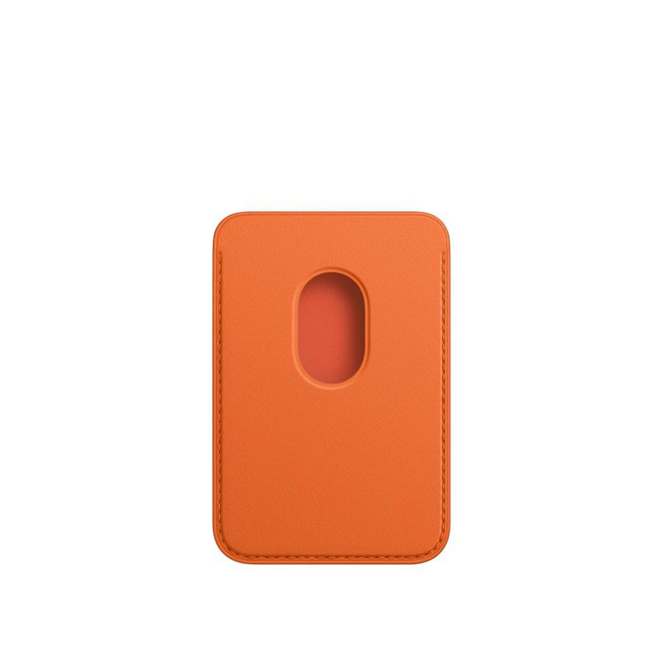 Orangener Leder-Telefonkartenhalter mit Aussparung.