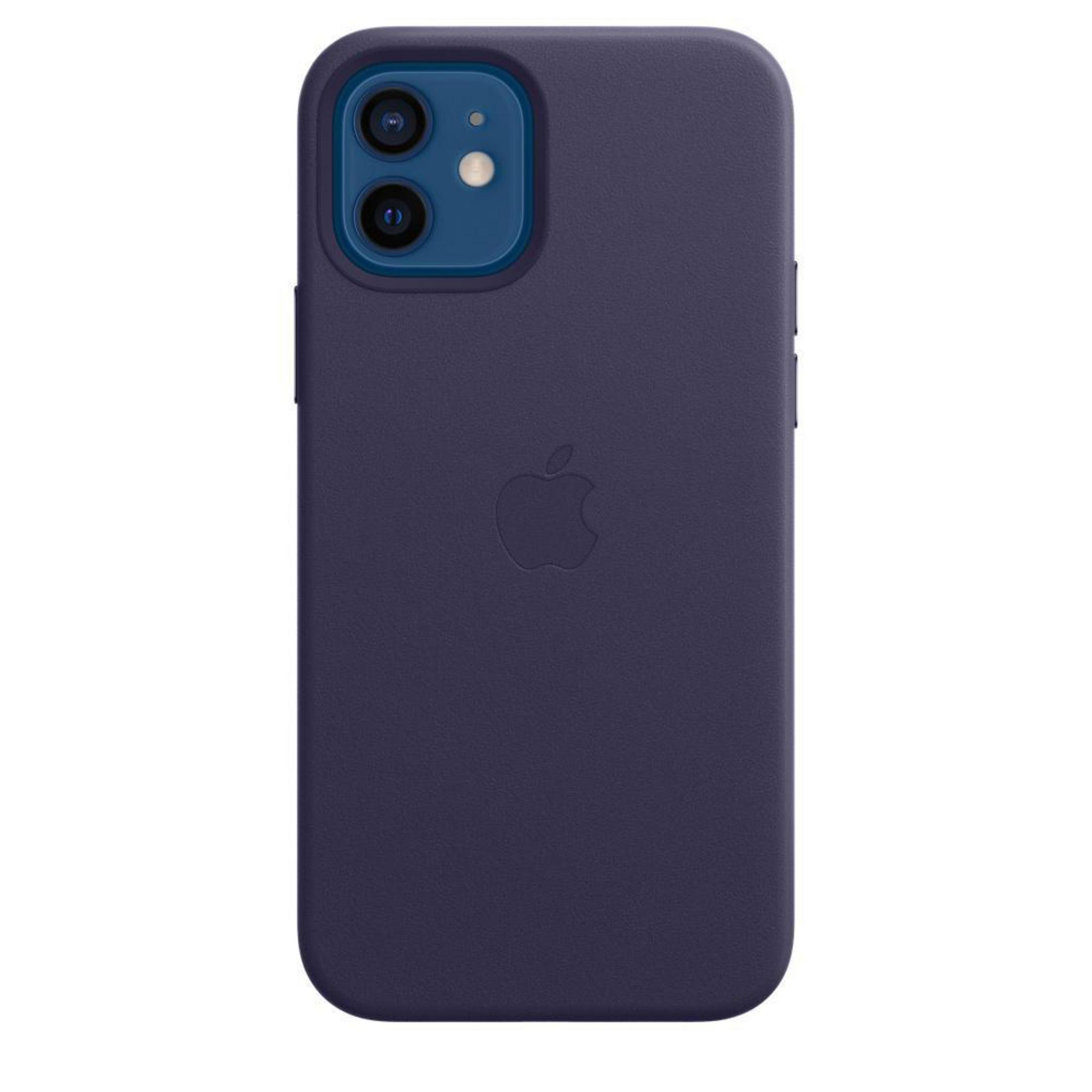 Dark blue iPhone case with Apple logo on the back and camera cutouts.
