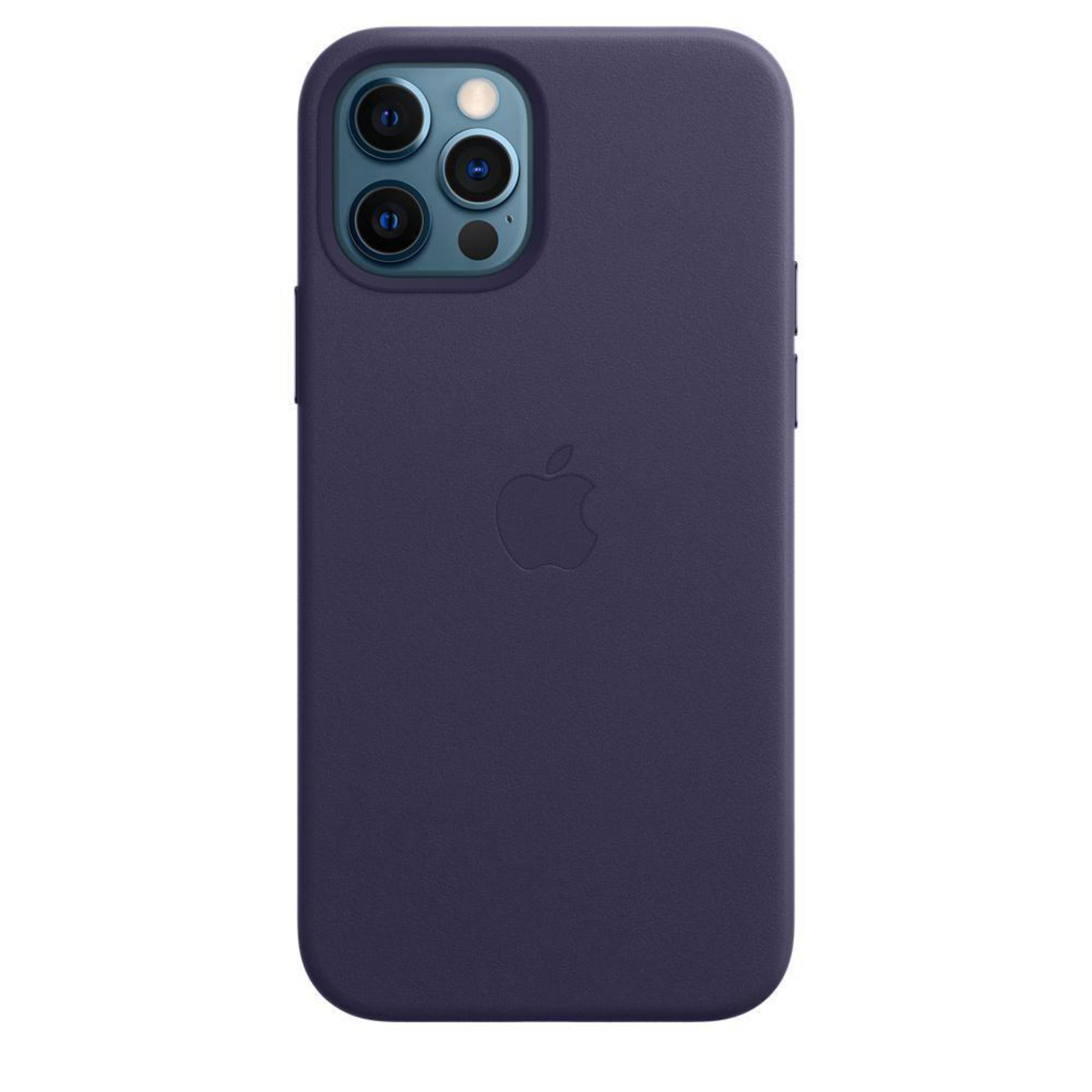 A dark purple iPhone with a triple-lens camera. The Apple logo is centered on the back.