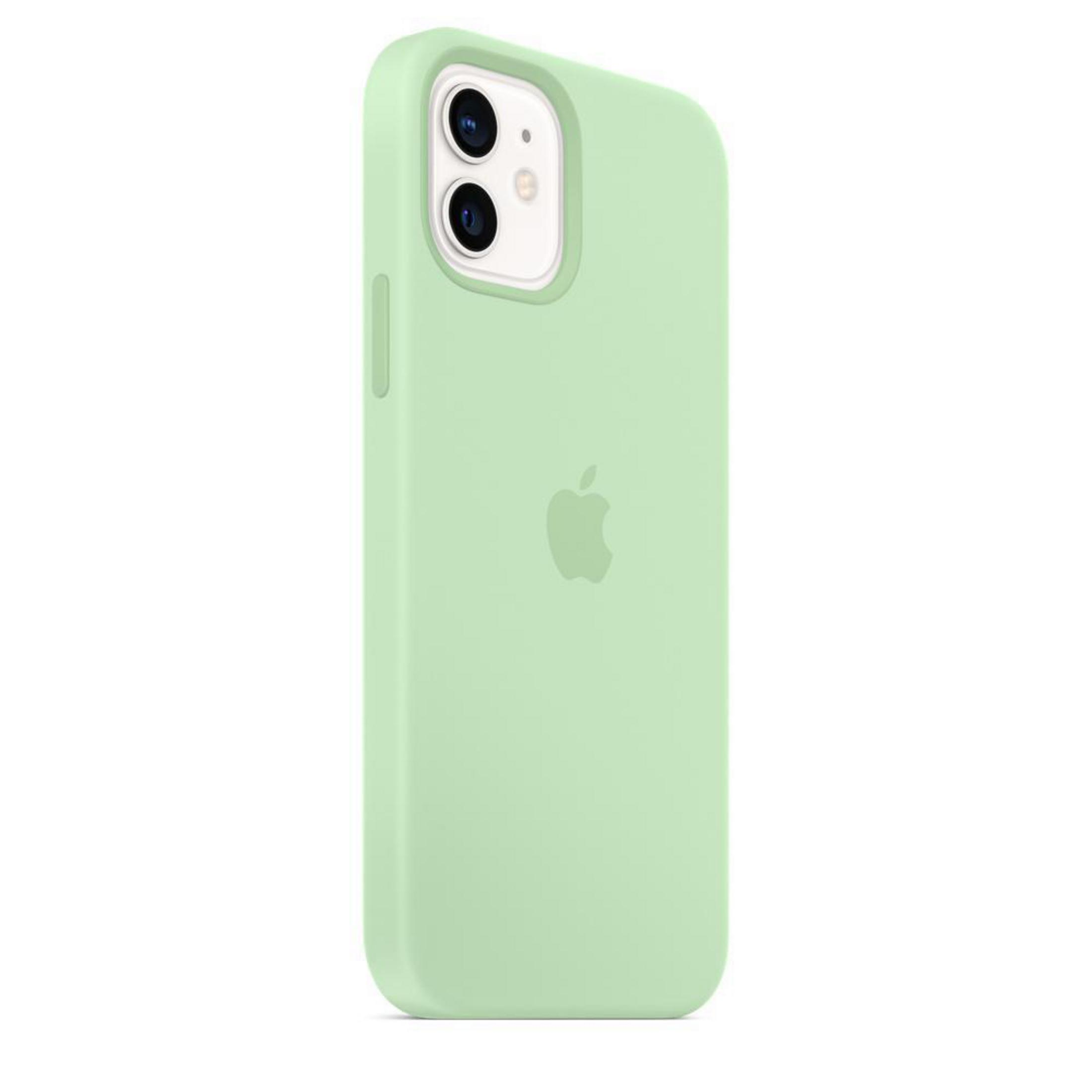 Een lichtgroene iPhone-hoes met een camera-uitsparing en het Apple-logo.
