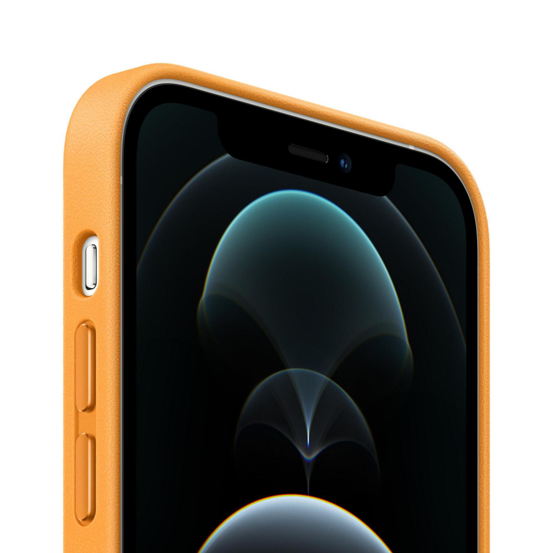 Close-up of an orange phone case on a phone with a black screen.