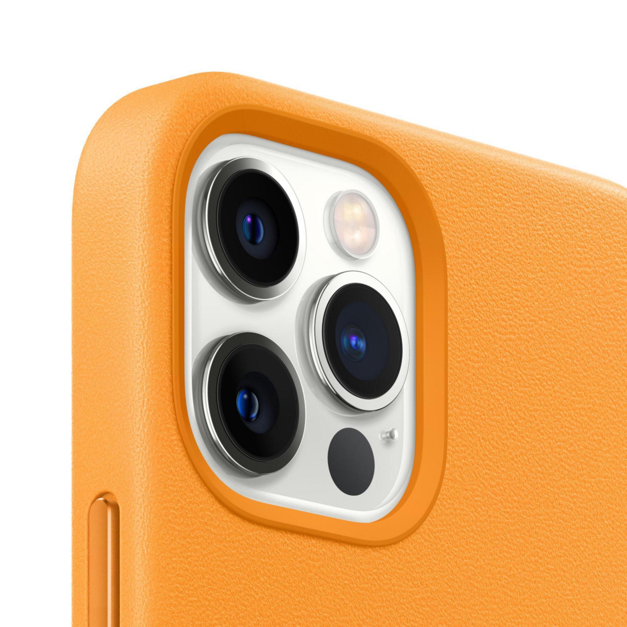 Orange phone case with three camera lenses and a flash. The lenses are on a white background.
