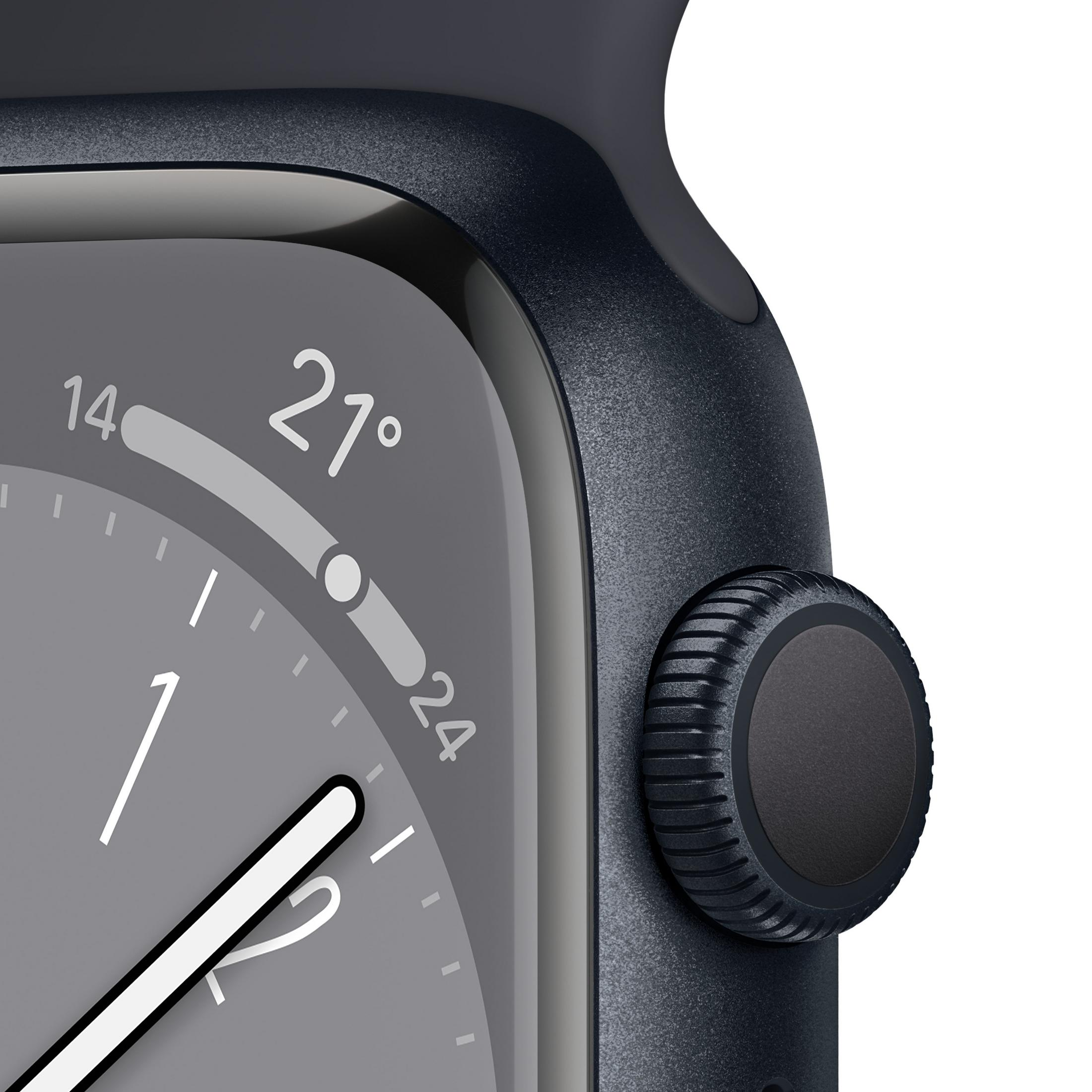Nahaufnahme einer dunkelblauen Apple Watch. Das Display zeigt 21 Grad, 14- und 24-Markierungen.