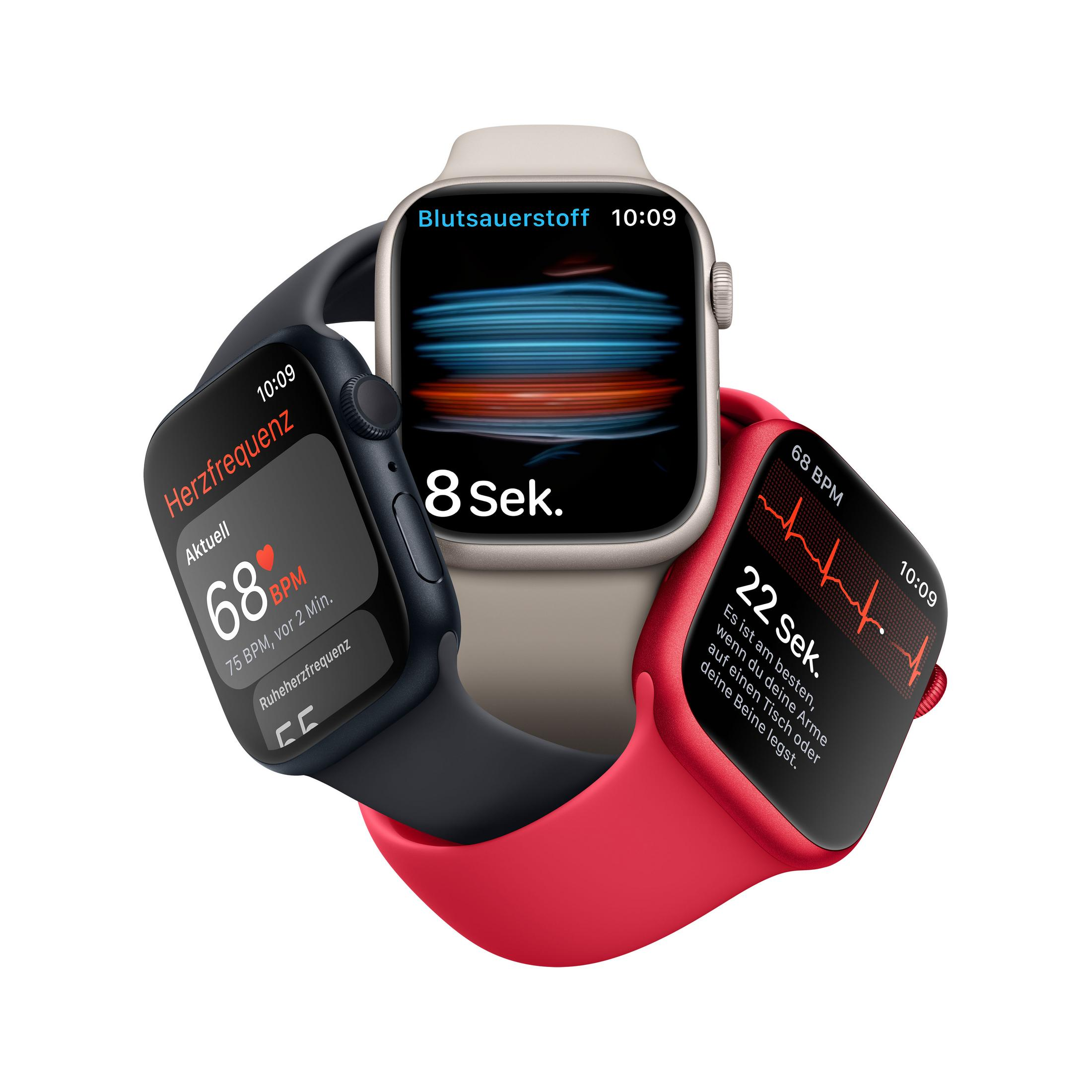 Drei Smartwatches mit Gesundheitsdaten, in den Farben Schwarz, Weiß und Rot.