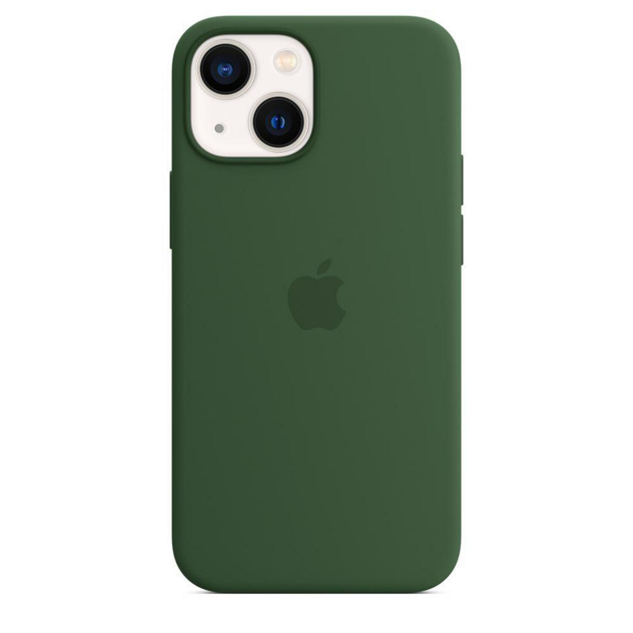 Groene iPhone 13-hoes met Apple-logo en twee cameralenzen op een witte achtergrond.