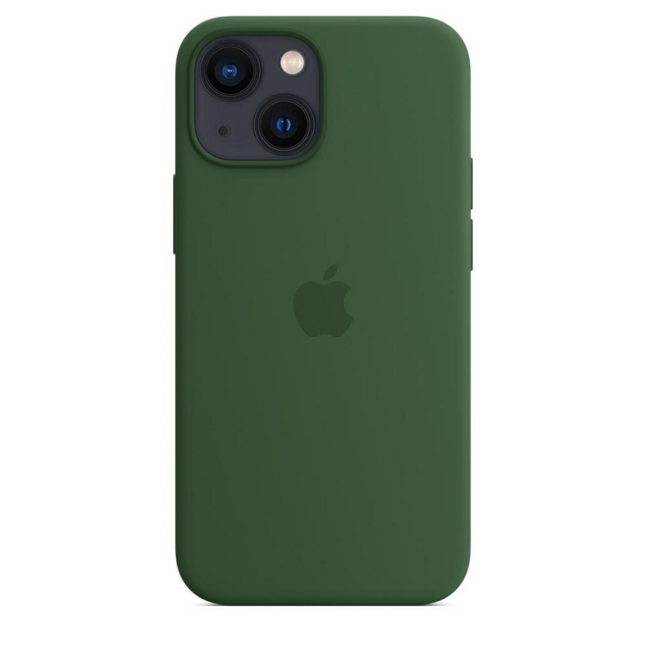 Groene iPhone-hoes met Apple-logo, achteraanzicht. Dubbele camera linksboven.