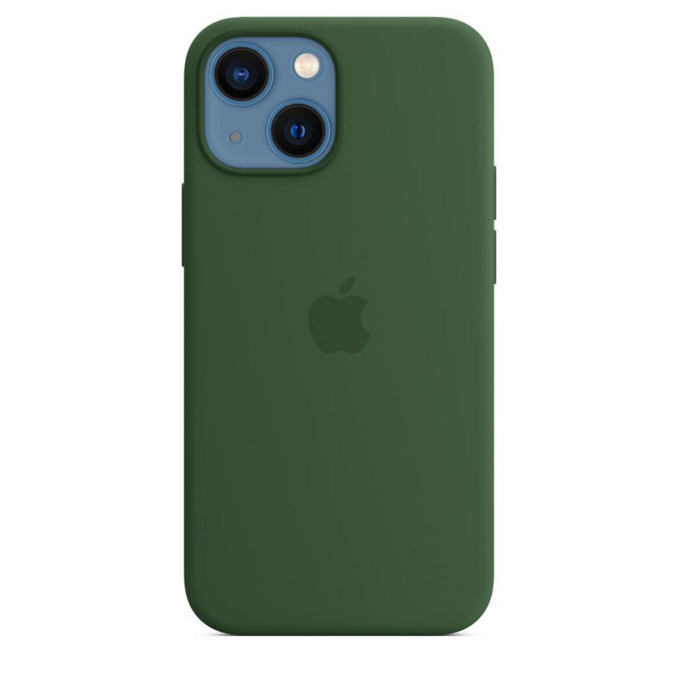 Groene telefoonhoes met het Apple-logo op de achterkant en twee cameralenzen.