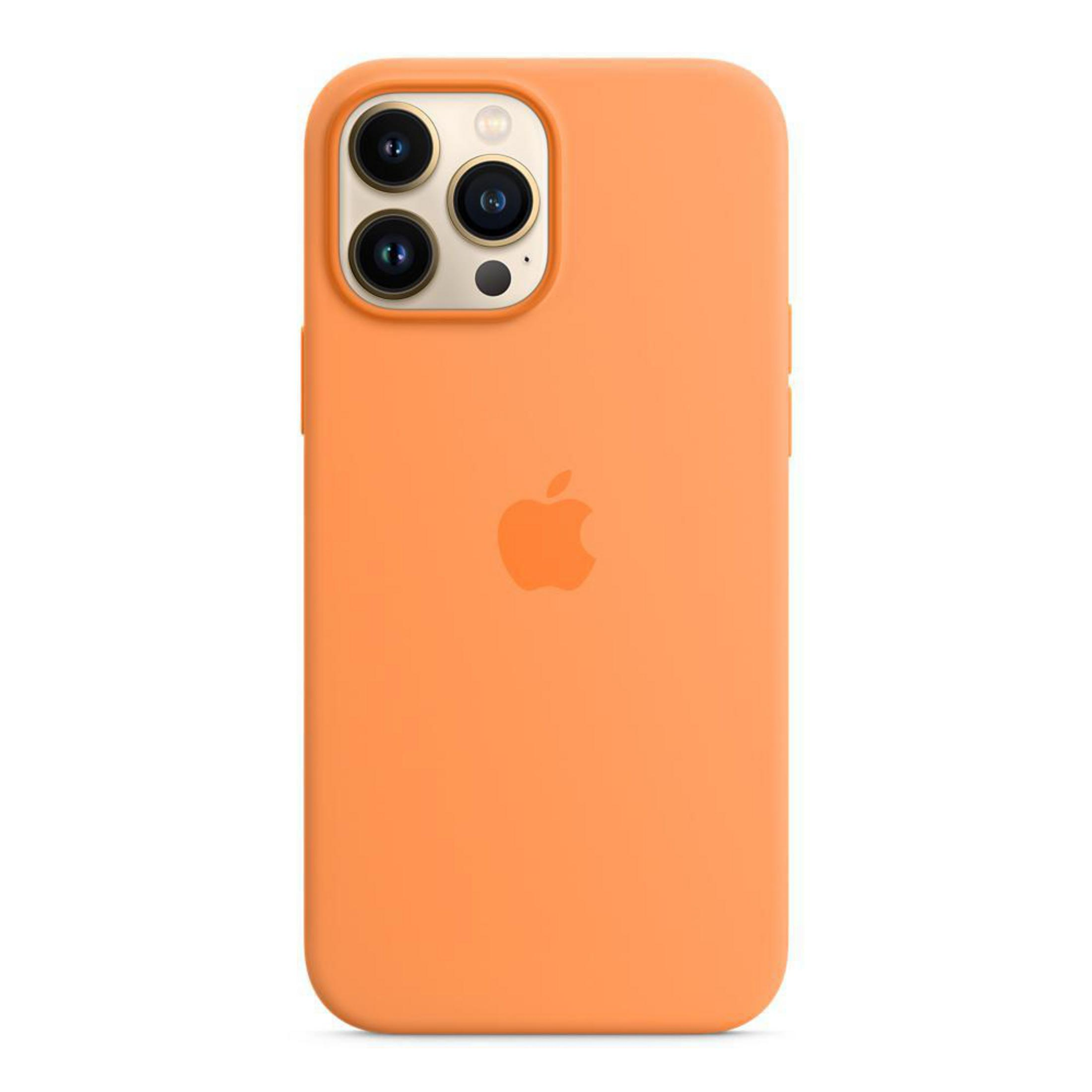 An orange phone case with an Apple logo, isolated on white.