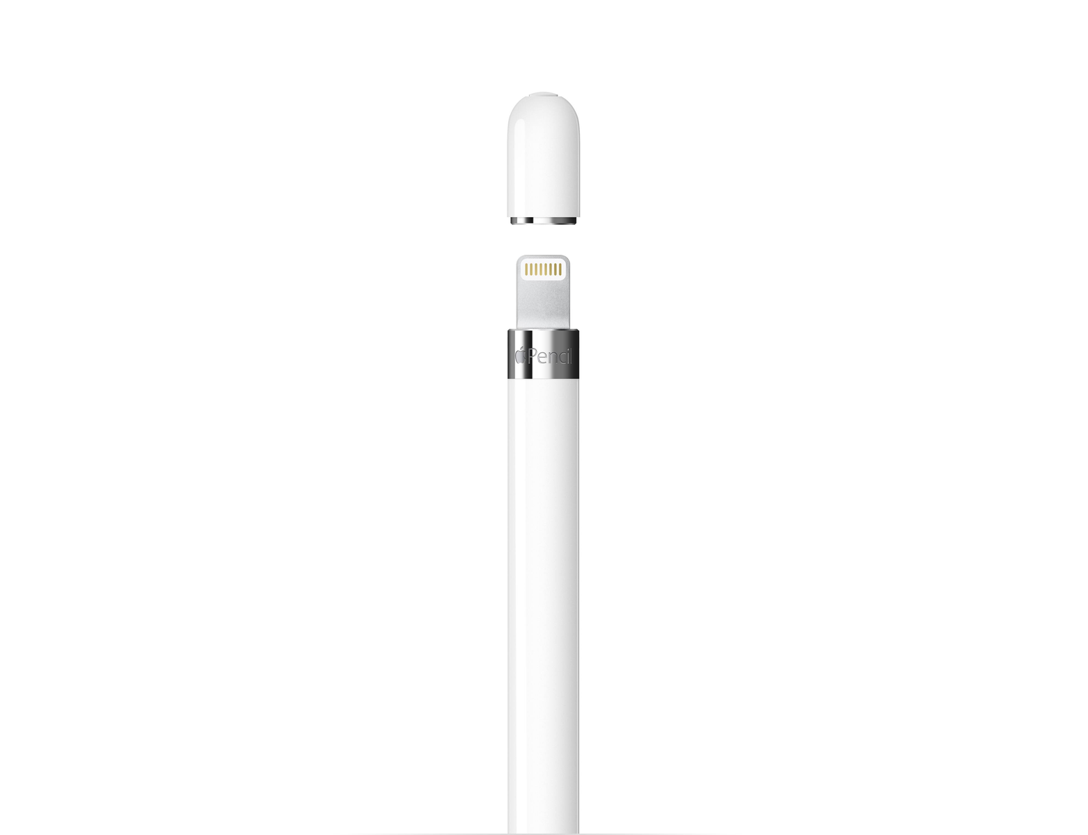 Biały Apple Pencil z odłączoną nasadką, odsłaniający port ładowania.