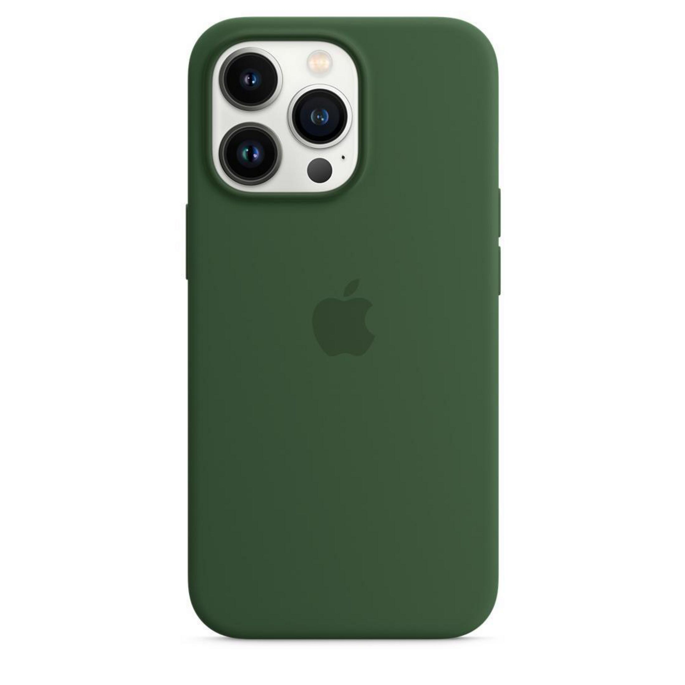 Green phone case with Apple logo and camera module.