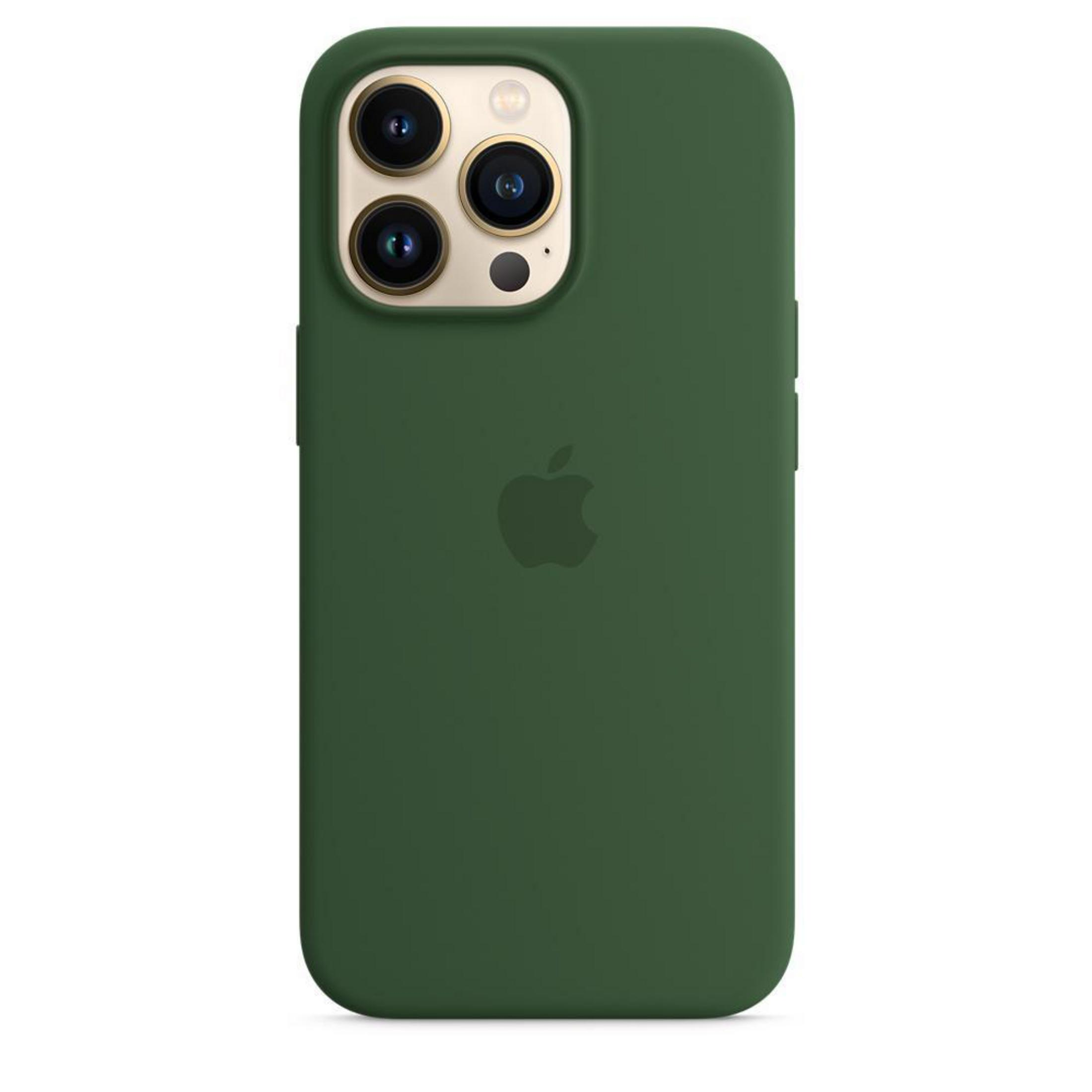 A green iPhone with a green case, displaying the Apple logo on the back.