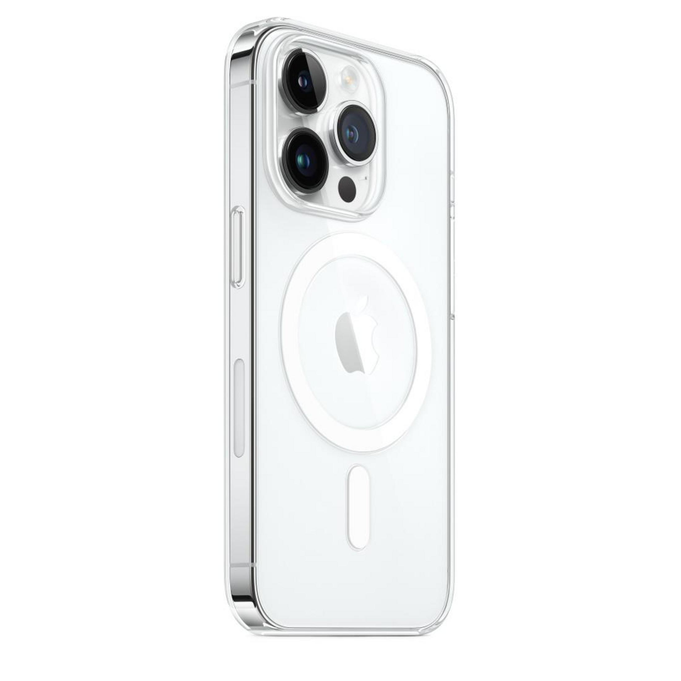 A transparent phone case with a white circle and the Apple logo on the back.