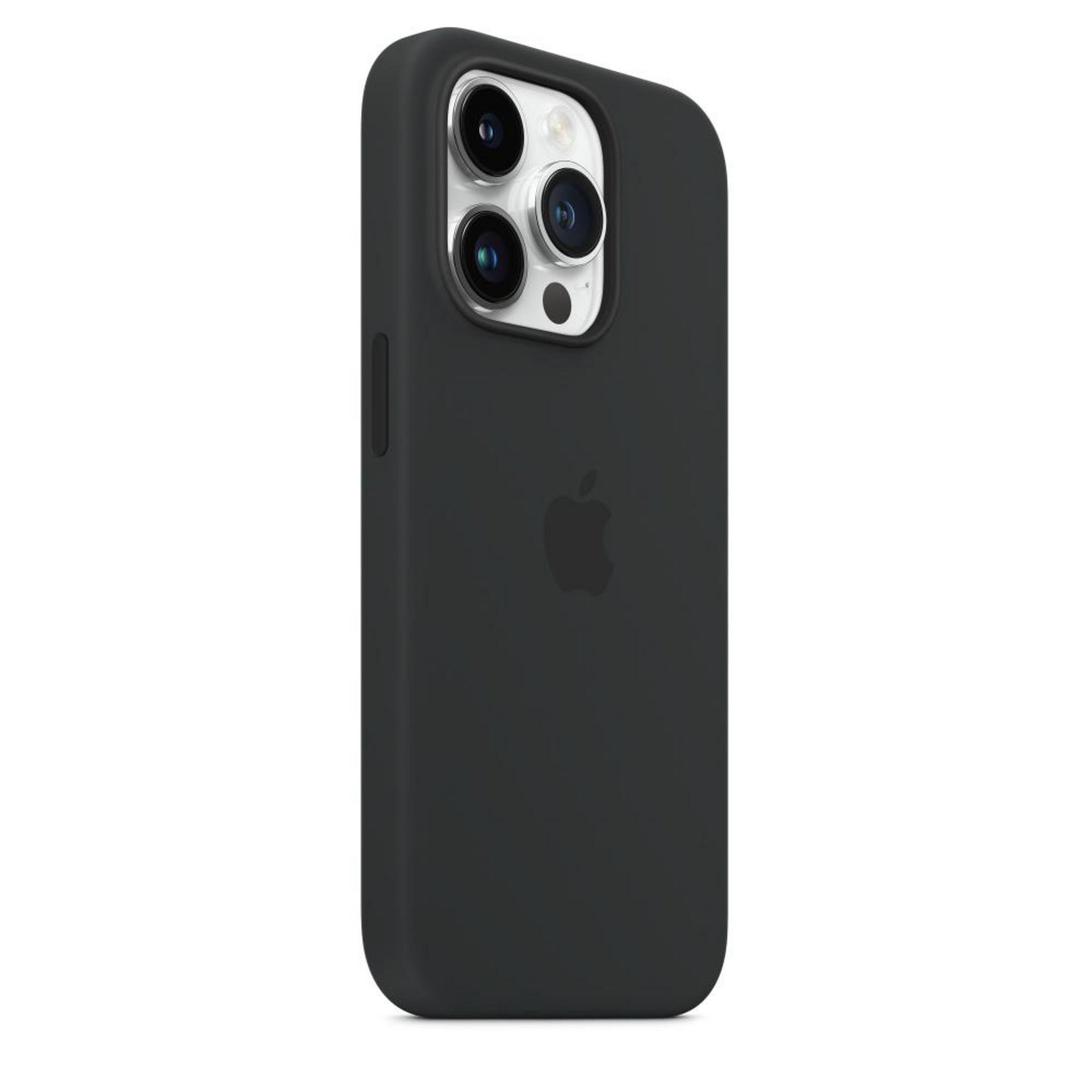 Ein schwarzes iPhone mit einer schwarzen Hülle, mit drei Kameralinsen, auf weißem Hintergrund.