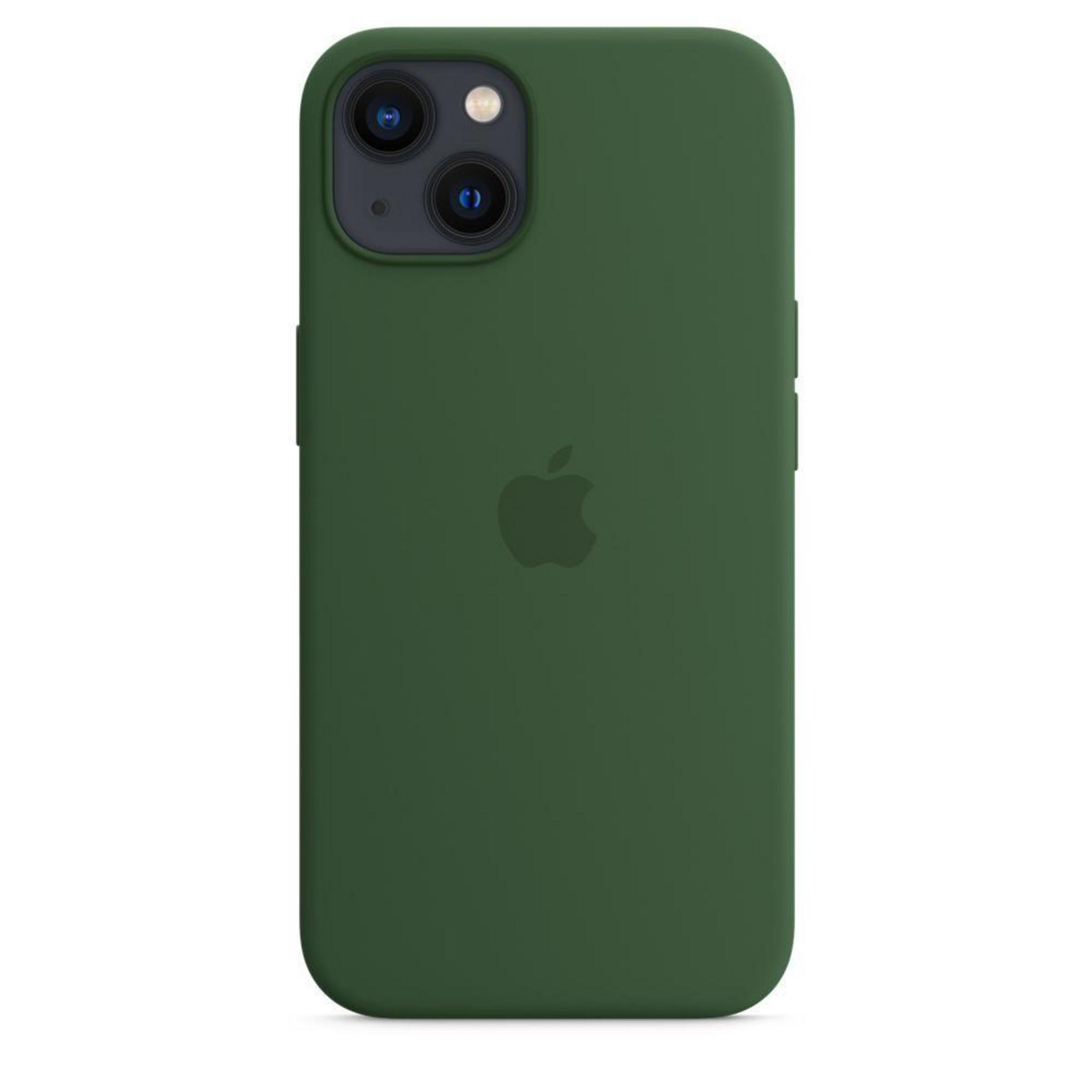 Una custodia per telefono verde con il logo Apple sul retro. La custodia ha una configurazione a doppia fotocamera.