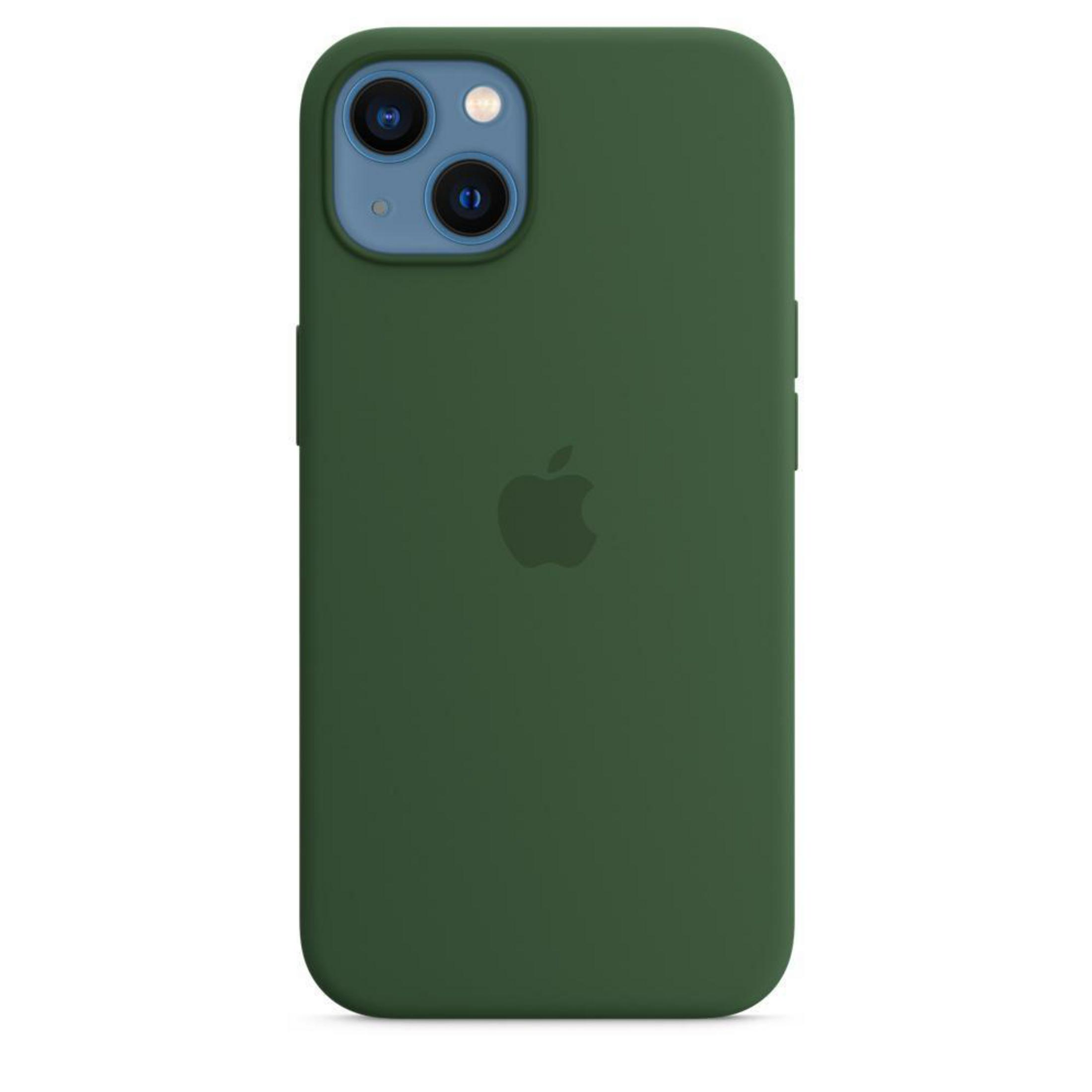 Custodia verde per iPhone con logo Apple. Verde scuro, superficie liscia, ritaglio fotocamera.