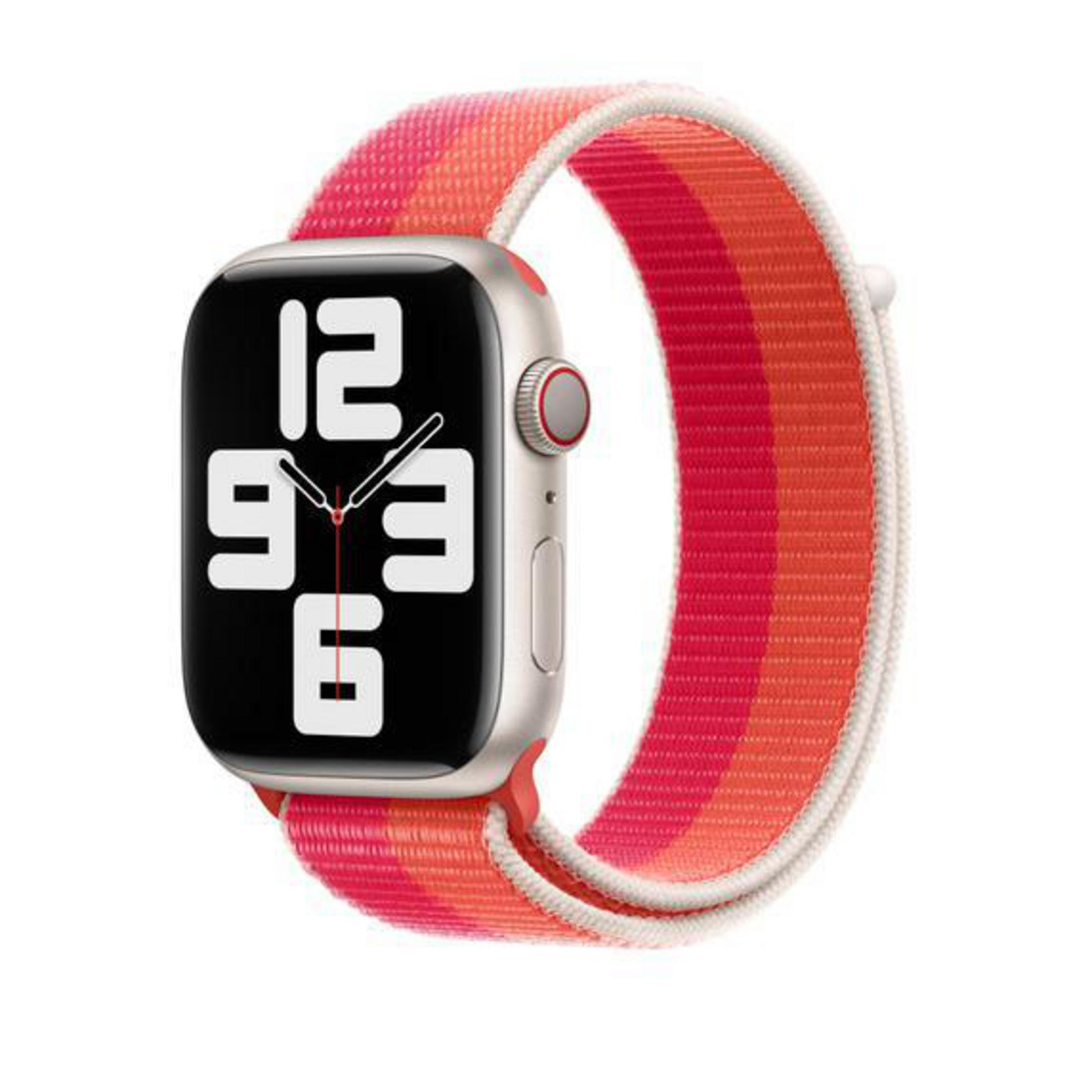Apple Watch z paskiem w czerwono-pomarańczowo-białe paski.