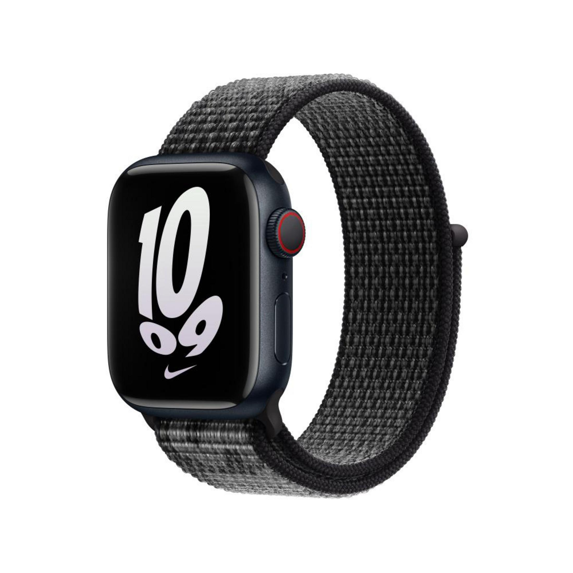 A black Apple Watch with a dark gray, textured band. The watch displays the number '10'.