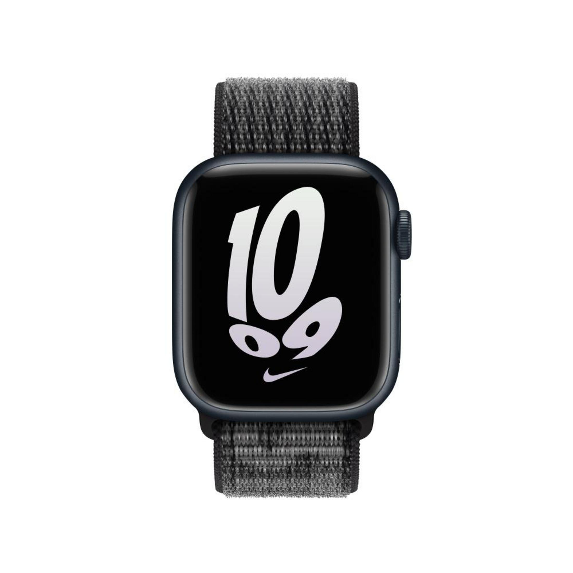 Black Apple Watch with a gray band, displaying the number 10.