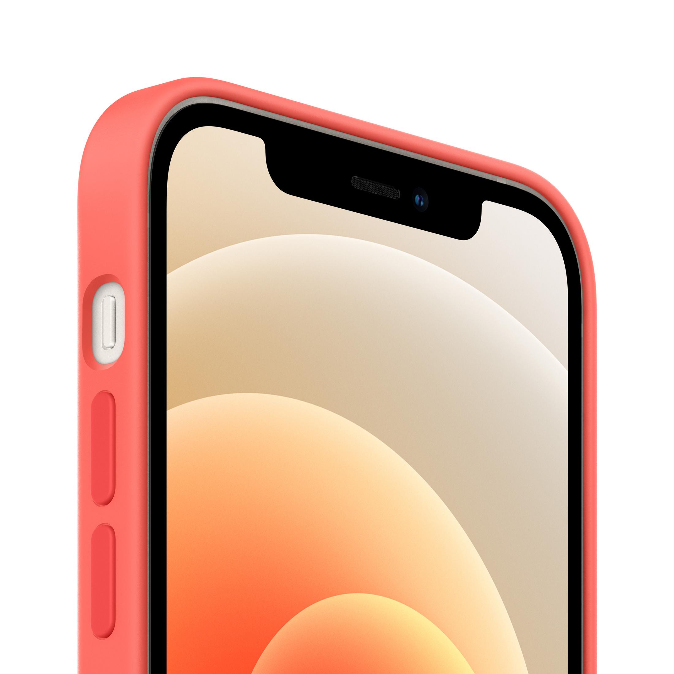 Close-up van een koraalroze telefoonhoesje rondom een telefoon. De telefoon heeft een zwart scherm.