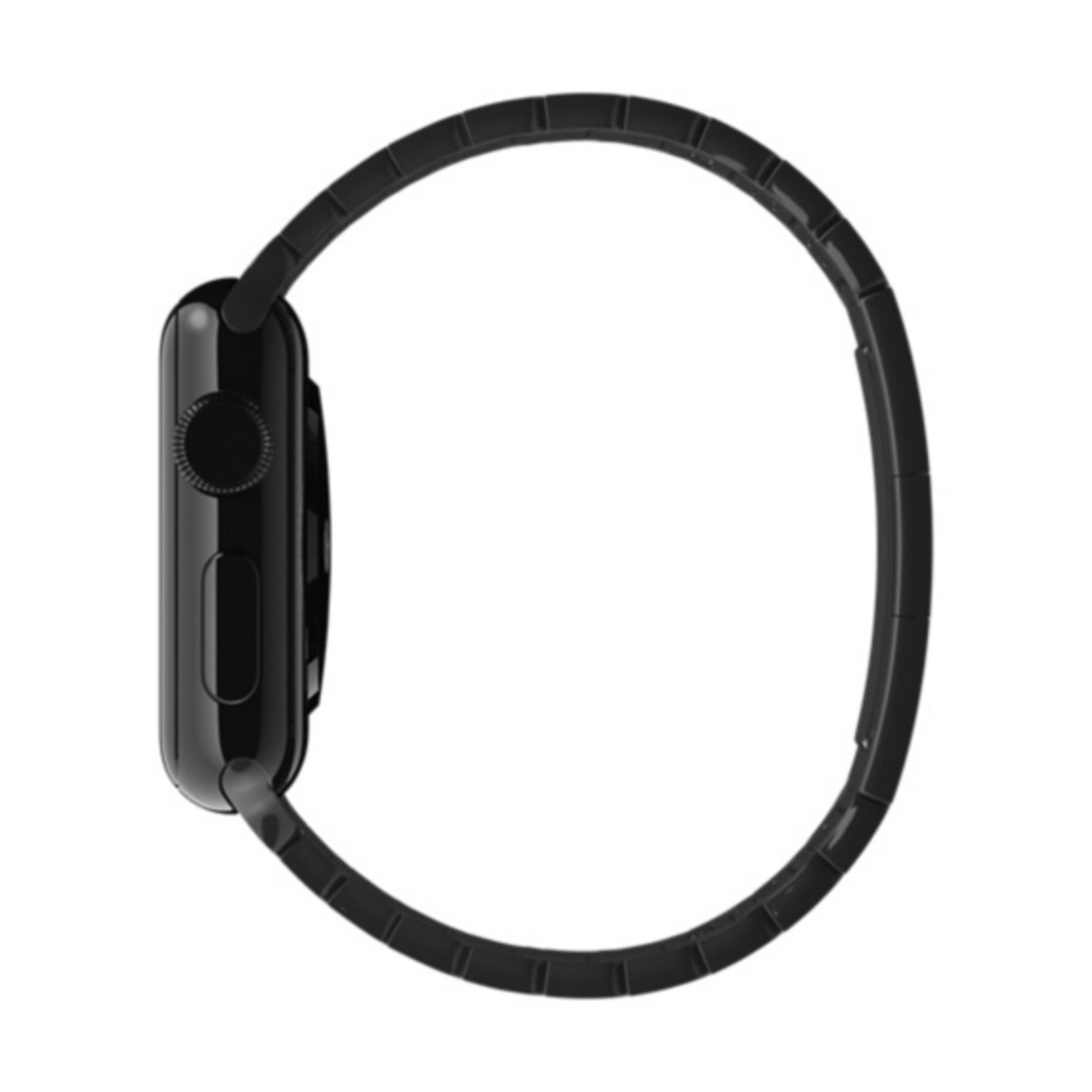 Schwarze Apple Watch im Profil. Das Armband ist ebenfalls schwarz.